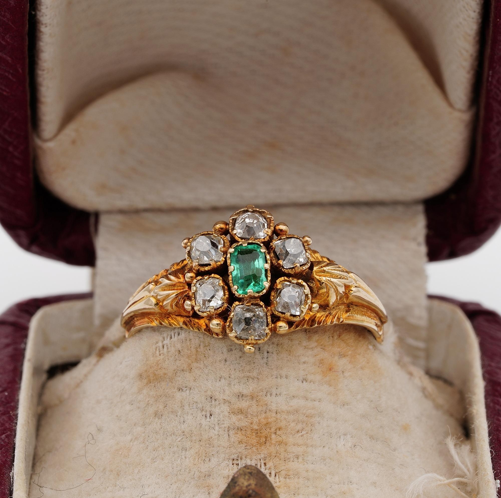 Adorable Georgian Little Treasure

Georgian period exquisitely daisy design 1780/1800 ca

Beautifully detailed with fine carving, still sharp, enriching the mounting embracing the centre daisy cluster of Emerald and Diamonds

Approx .15 Ct the
