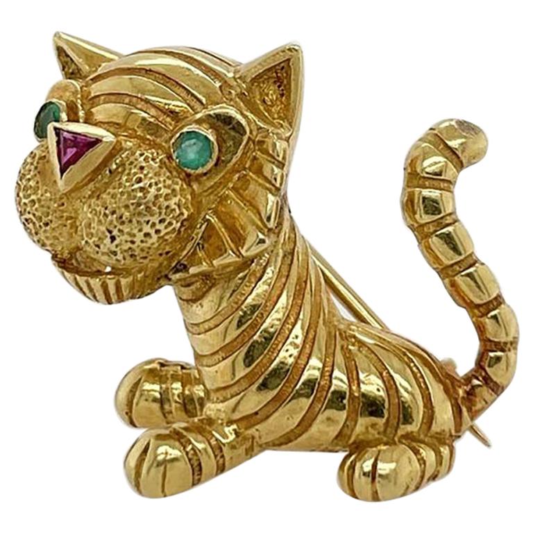 Adorable Gold Emerald Ruby Tiger Brooch