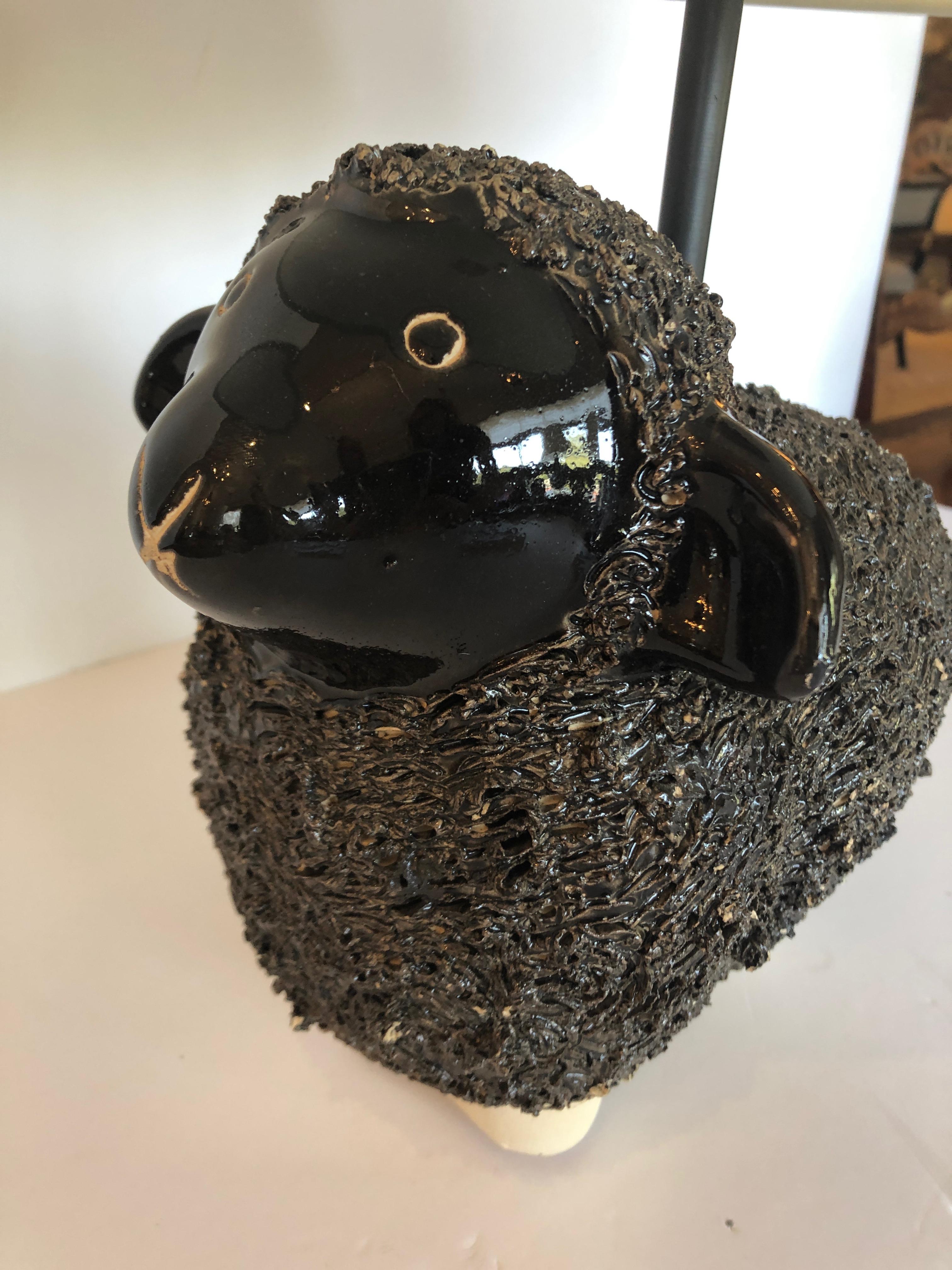 Adorable Handmade Black Ceramic Sheep Lamp In Excellent Condition For Sale In Hopewell, NJ