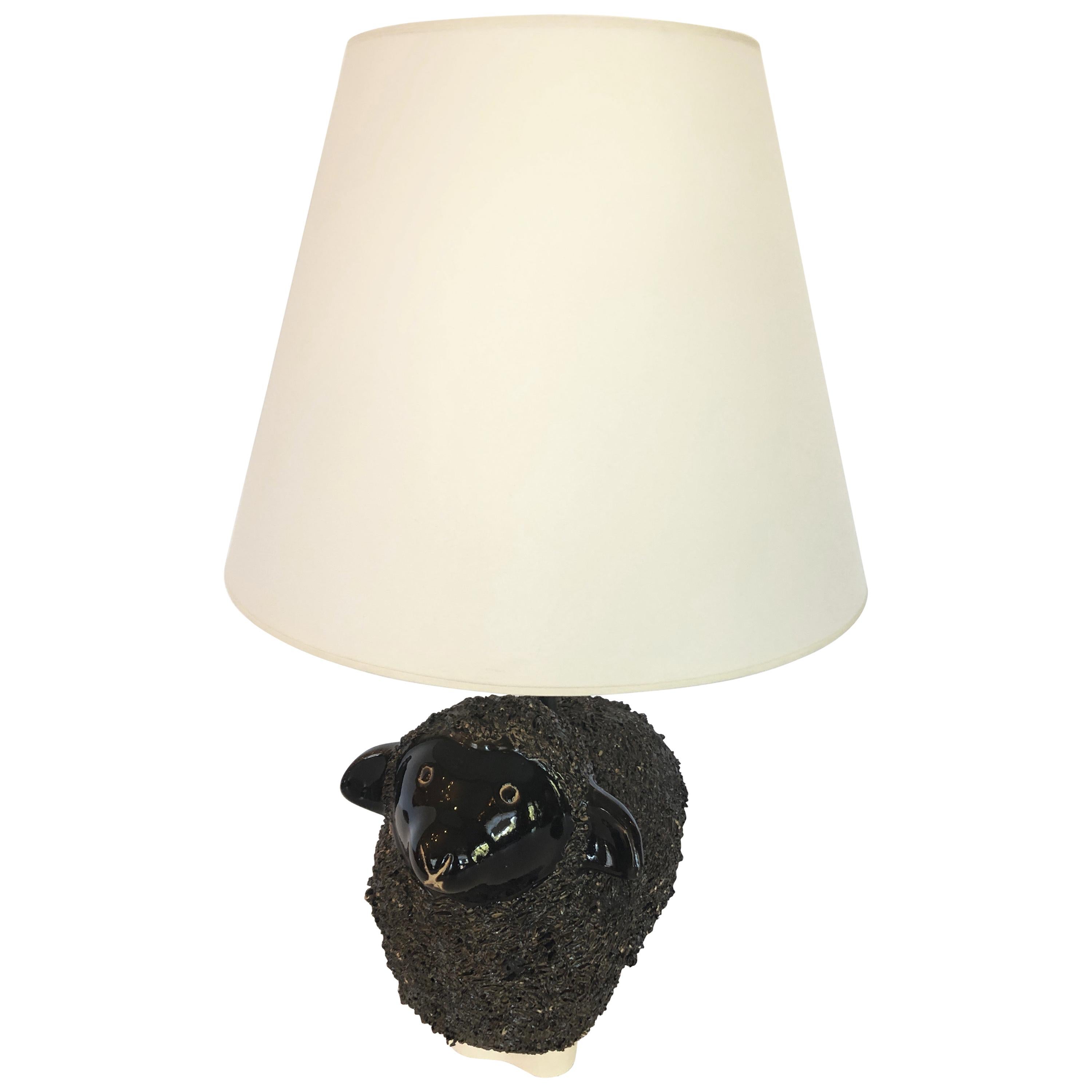 Adorable Handmade Black Ceramic Sheep Lamp For Sale