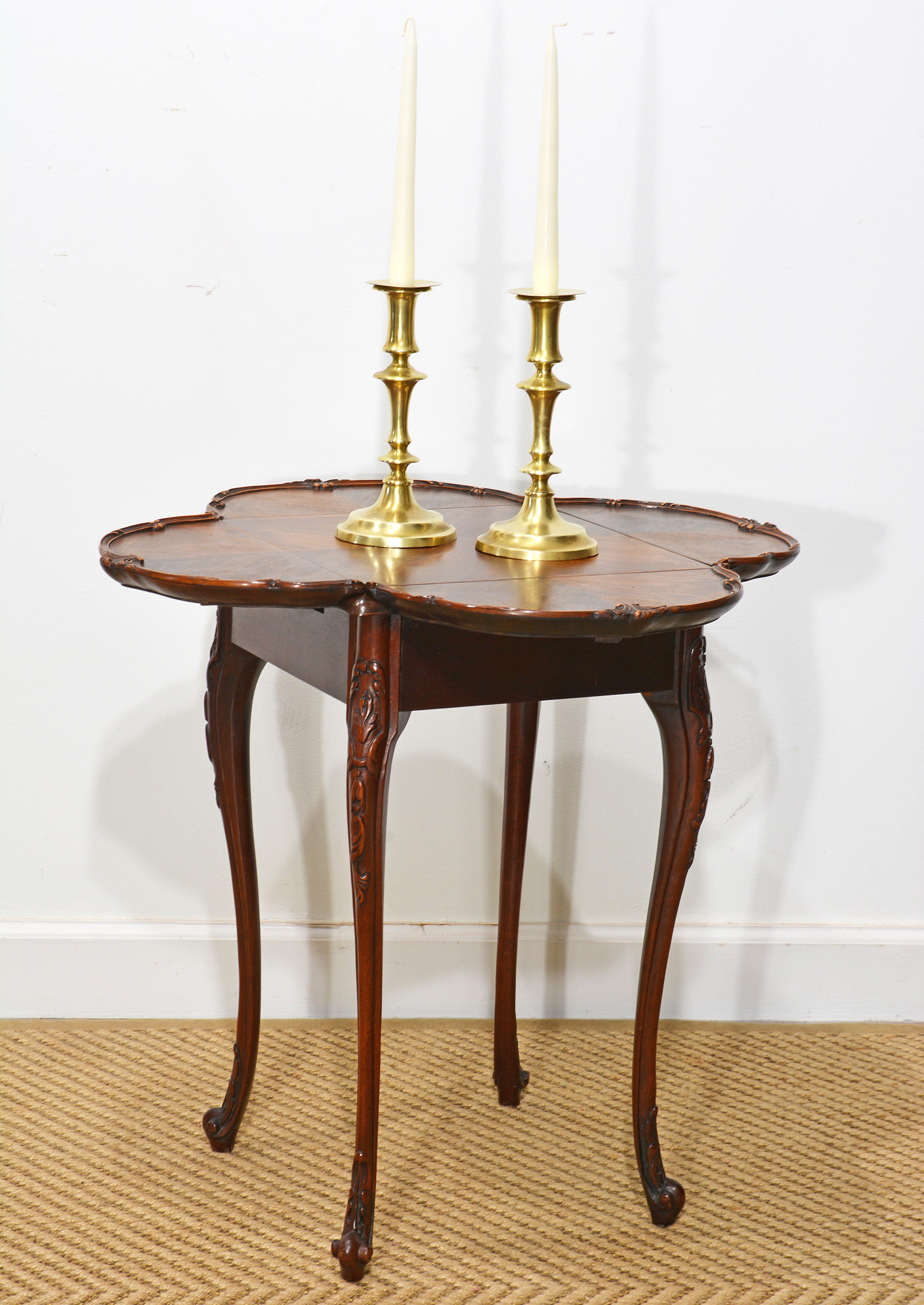 American Adorable Louis XV Style Carved Walnut Drop Leaf Clover Shape Side Table