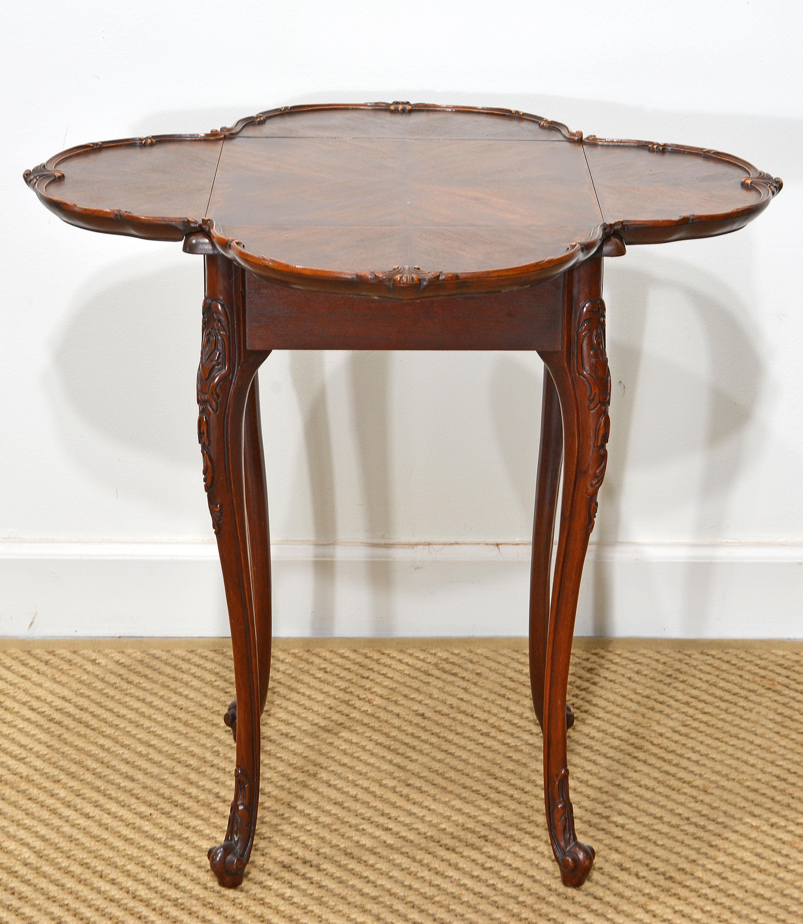 20th Century Adorable Louis XV Style Carved Walnut Drop Leaf Clover Shape Side Table