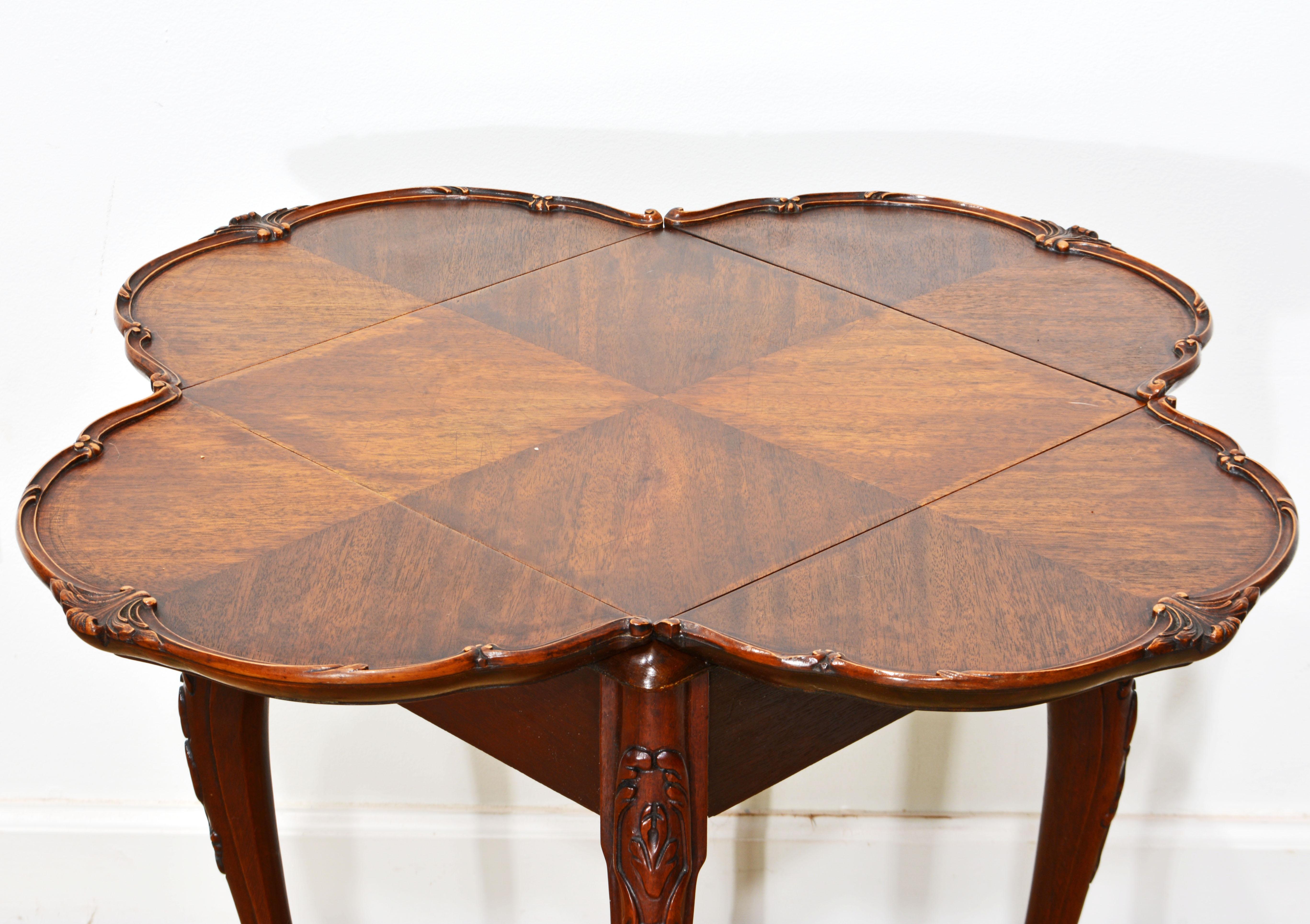 Adorable Louis XV Style Carved Walnut Drop Leaf Clover Shape Side Table 1