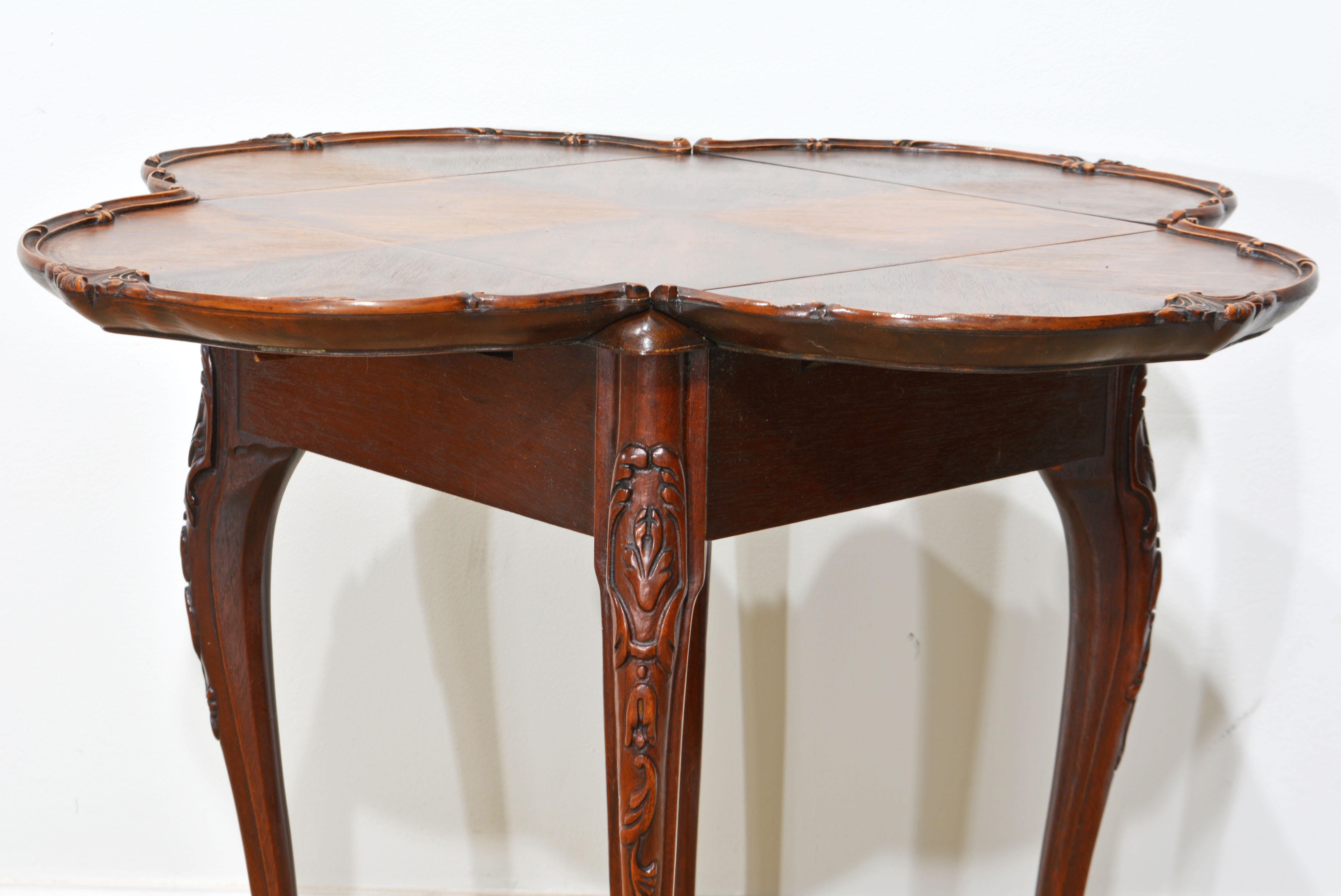 Adorable Louis XV Style Carved Walnut Drop Leaf Clover Shape Side Table 4