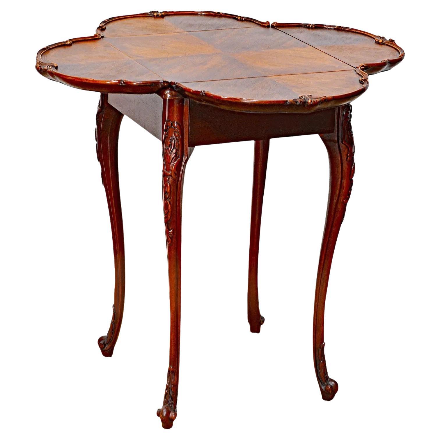 Adorable Louis XV Style Carved Walnut Drop Leaf Clover Shape Side Table