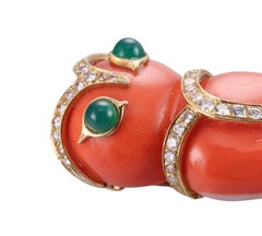 Adorable Broche Búho Francia Coral Esmeralda Diamante Oro