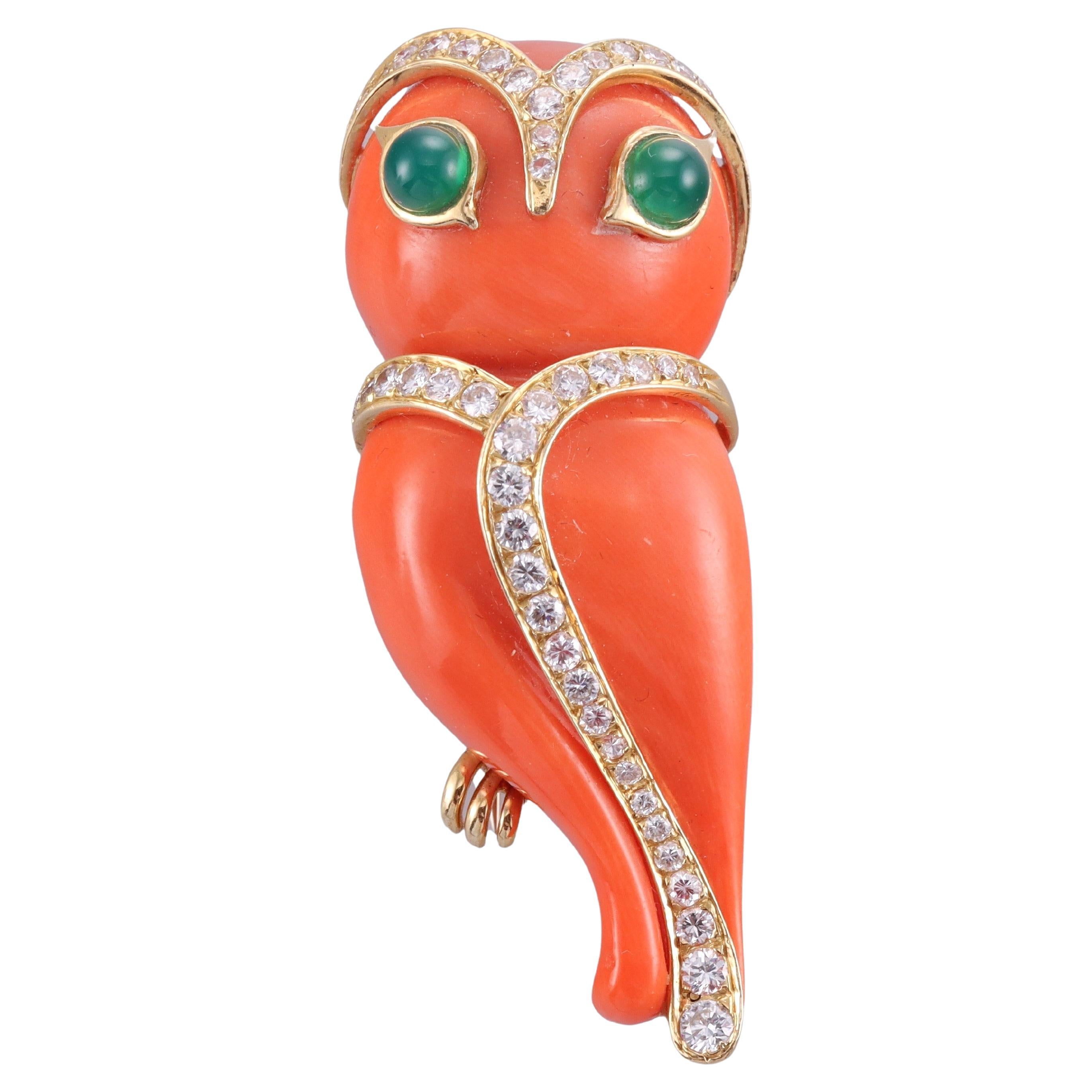 Adorable Mayor's France Coral Emerald Diamond Gold Owl Brooch  For Sale