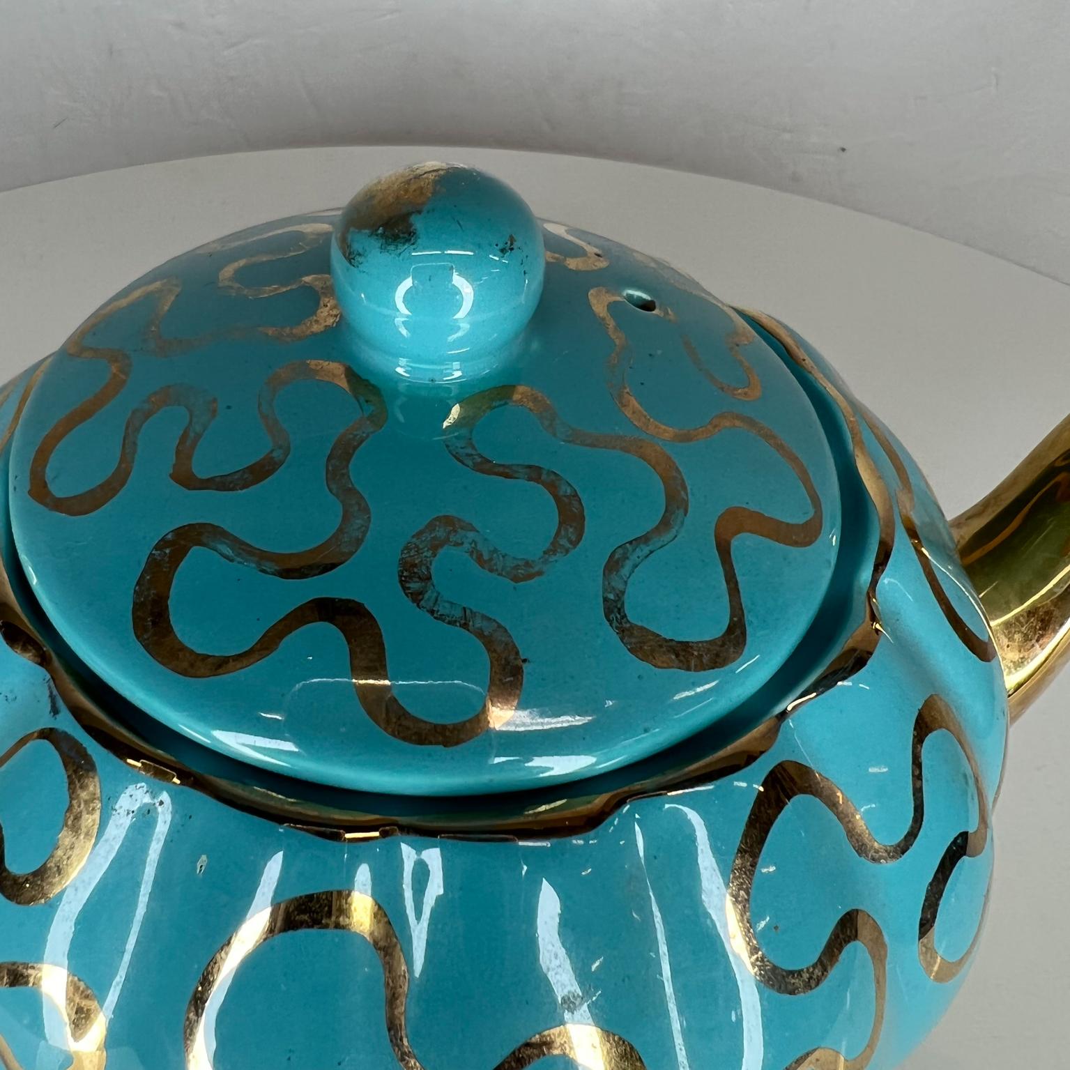 Late 20th Century 1970s Hand Painted Ceramic Tea Pot Tiffany Blue Gold