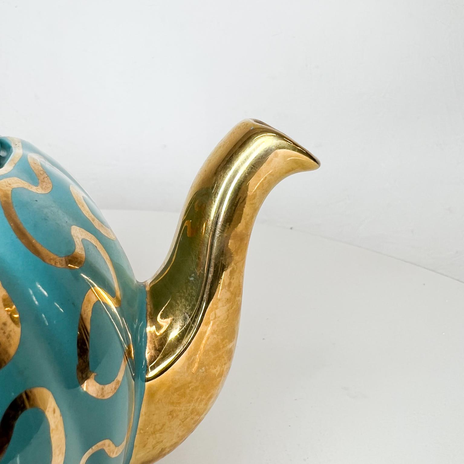 Adorable Modern Tiffany Aqua Gold Ceramic Tea Pot Hand Painted 3