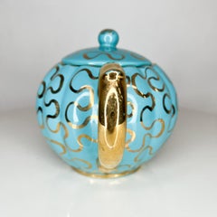 1970s Hand Painted Ceramic Tea Pot Tiffany Blue Gold