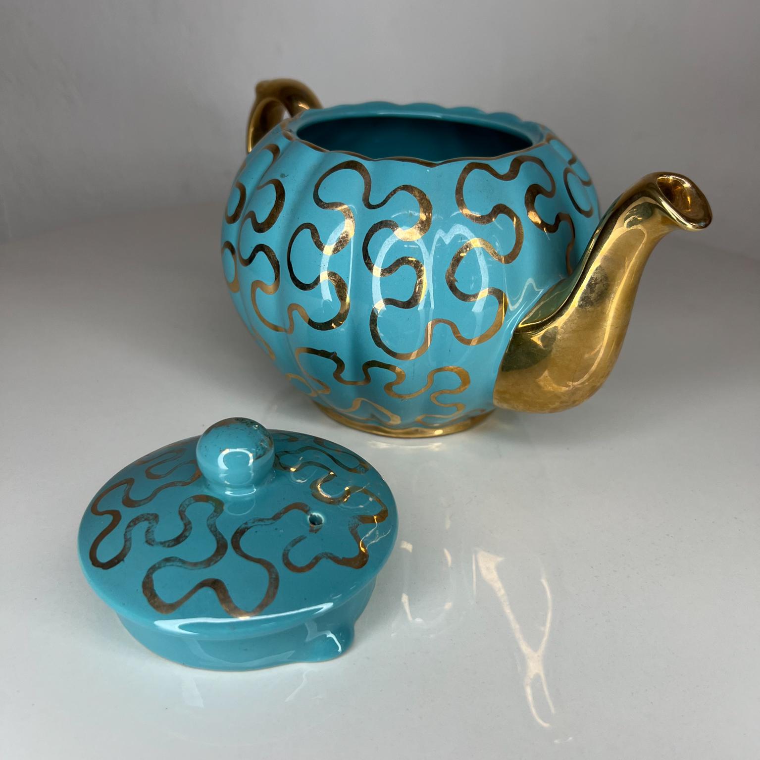 Adorable Modern Tiffany Aqua Gold Ceramic Tea Pot Hand Painted In Good Condition In Chula Vista, CA