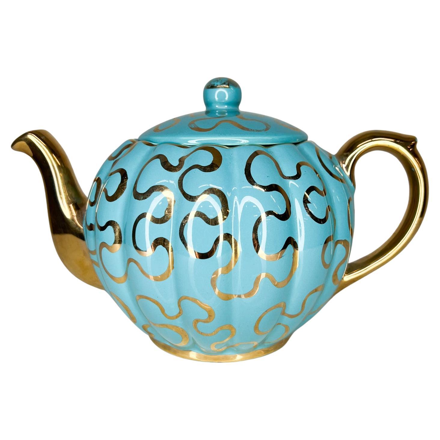 Verschnörkelte moderne Tiffany Aqua Gold Keramik-Teekanne, handbemalt