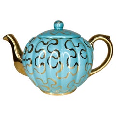Retro Adorable Modern Tiffany Aqua Gold Ceramic Tea Pot Hand Painted