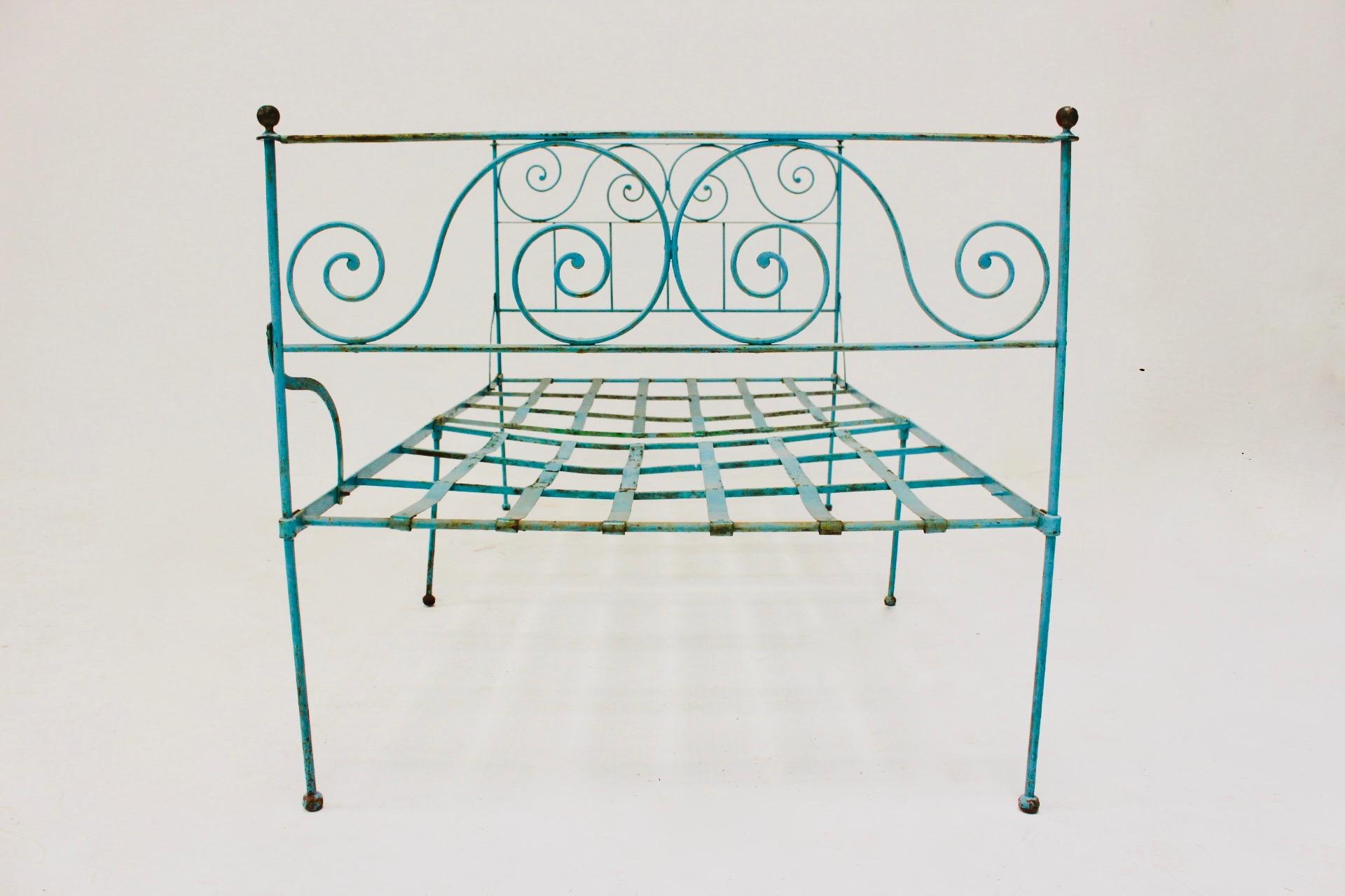 19th Century Adorable Old Blue Iron Spanish Campaign Folding Bed For Sale
