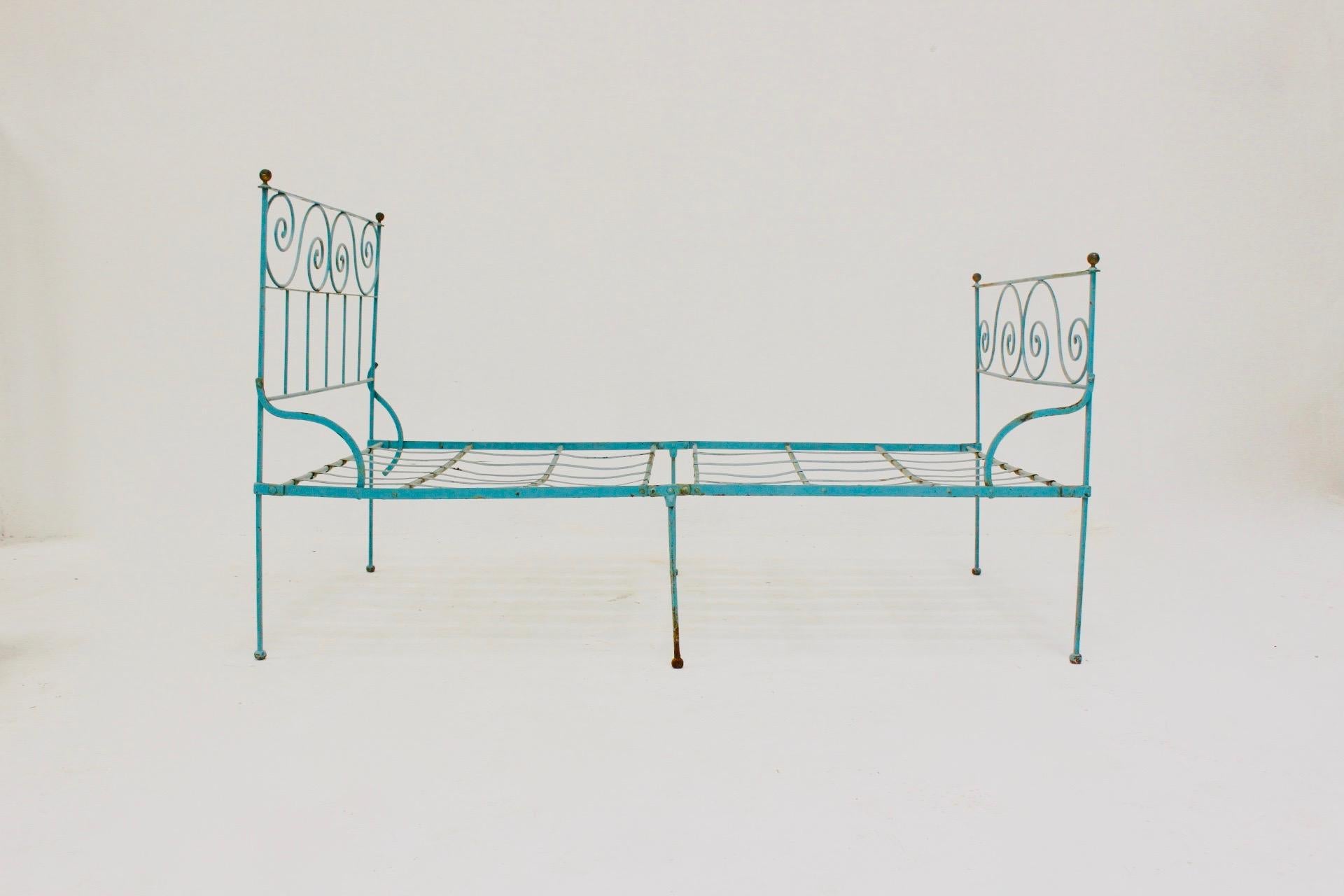 Adorable Old Blue Iron Spanish Campaign Folding Bed For Sale 3