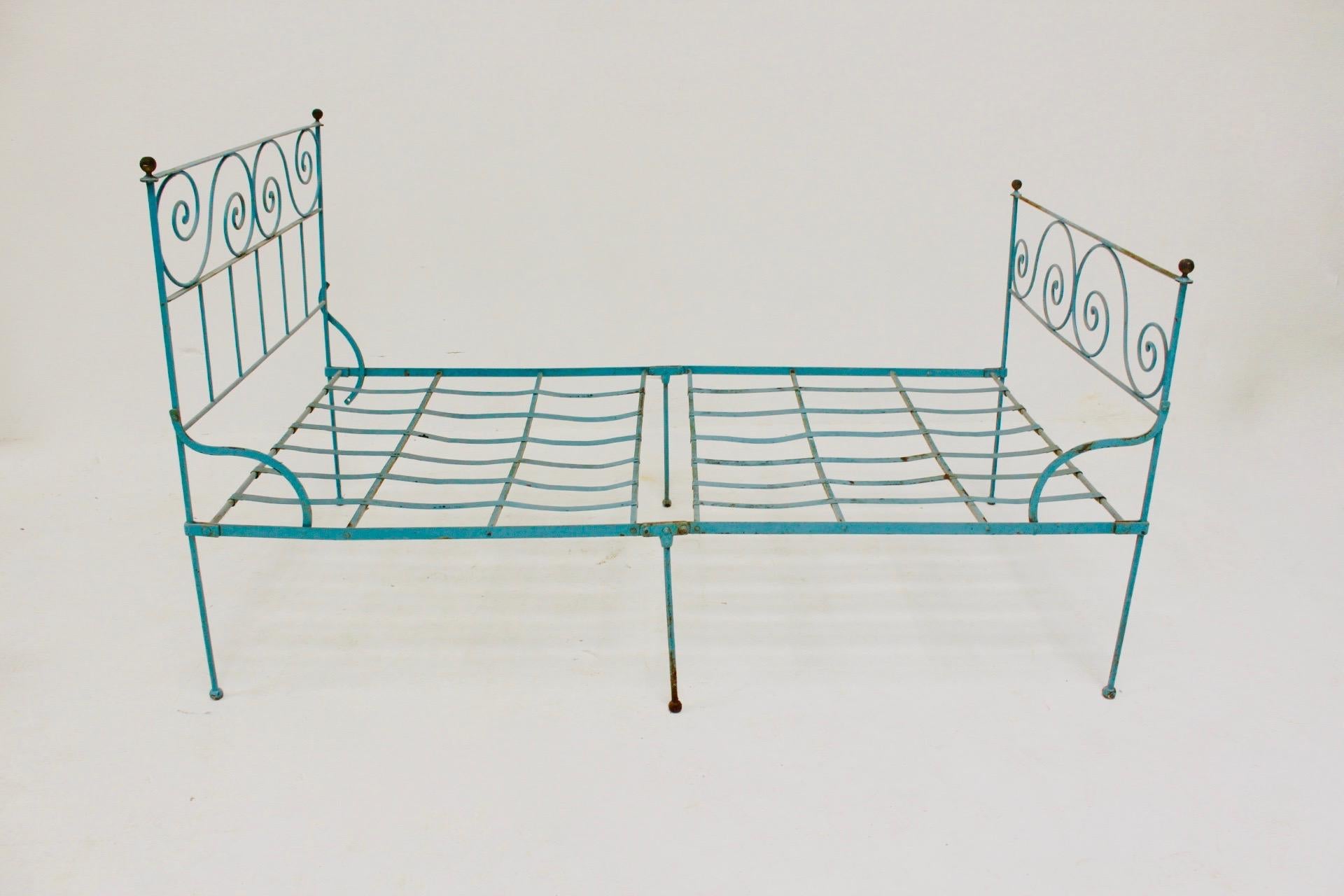 Adorable Old Blue Iron Spanish Campaign Folding Bed For Sale 4