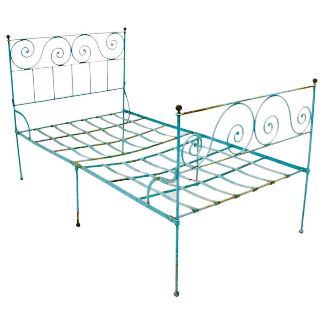 Adorable Old Blue Iron Spanish Campaign Folding Bed For Sale