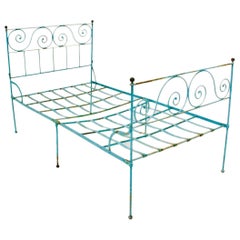 Antique Adorable Old Blue Iron Spanish Campaign Folding Bed