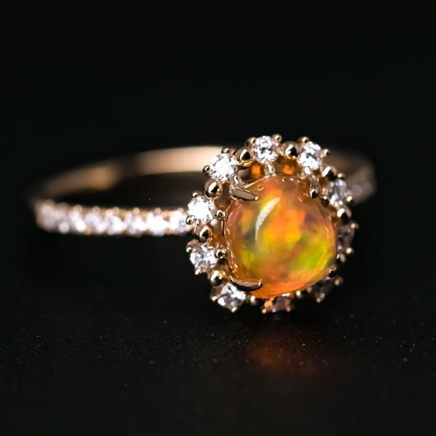 Arts and Crafts Adorable Orange Fire Opal & Halo Diamond Engagement Ring 18K Yellow Gold For Sale