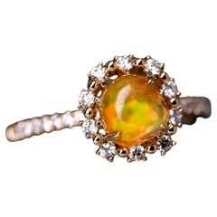 Adorable Orange Fire Opal & Halo Diamond Engagement Ring 18K Yellow Gold