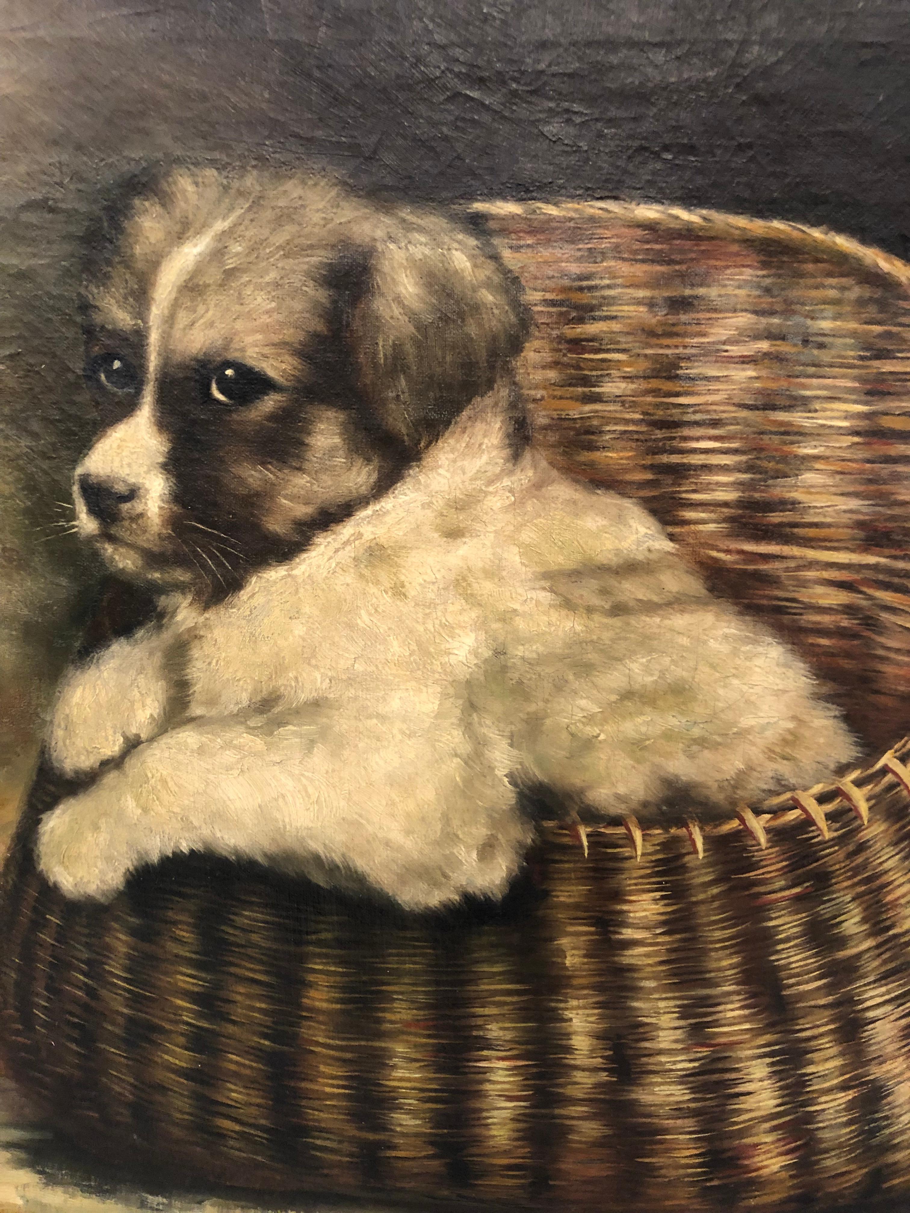 Irresistible beautifully rendered original painting from the 1800s of a black and white puppy in a basket. The spare color palette and dark background are striking, and the new custom frame compliments the art wonderfully.