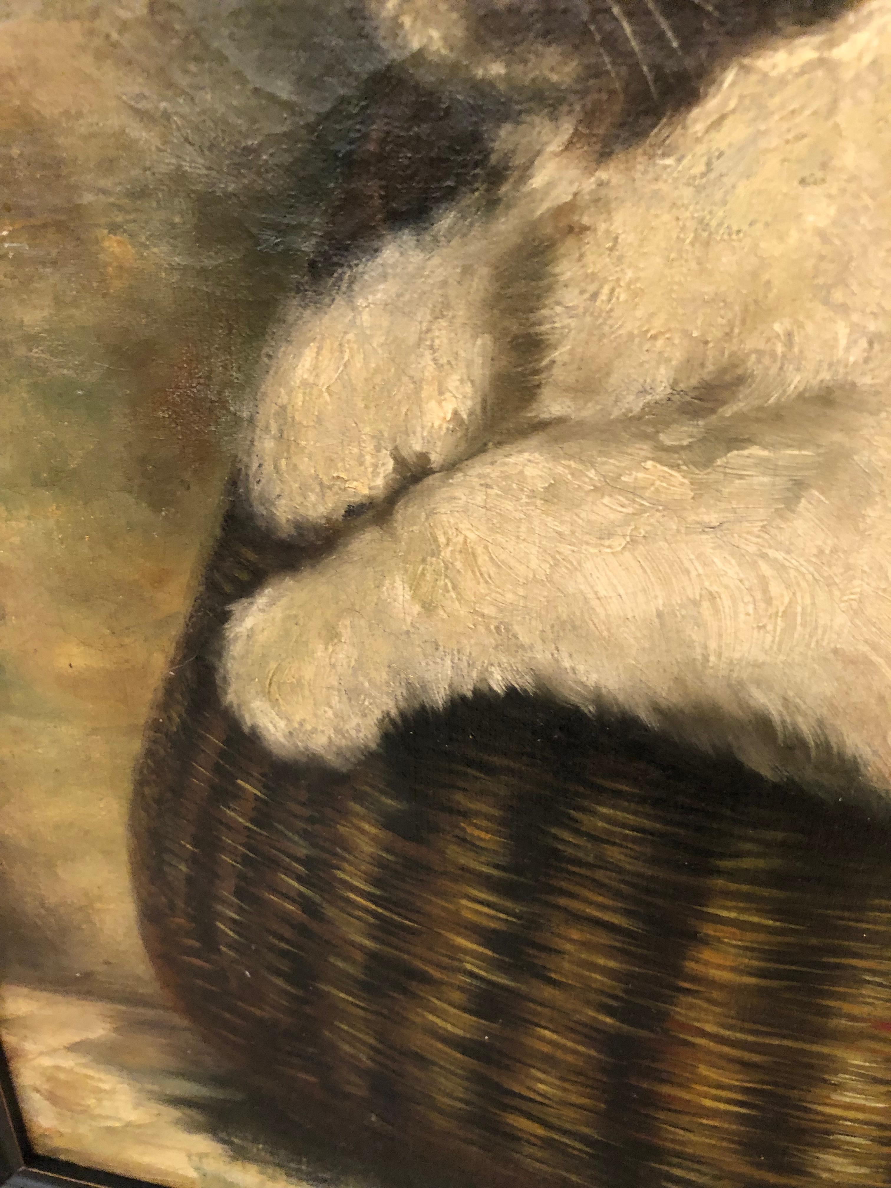 Early 19th Century Adorable Original Antique Painting of Puppy in a Basket For Sale