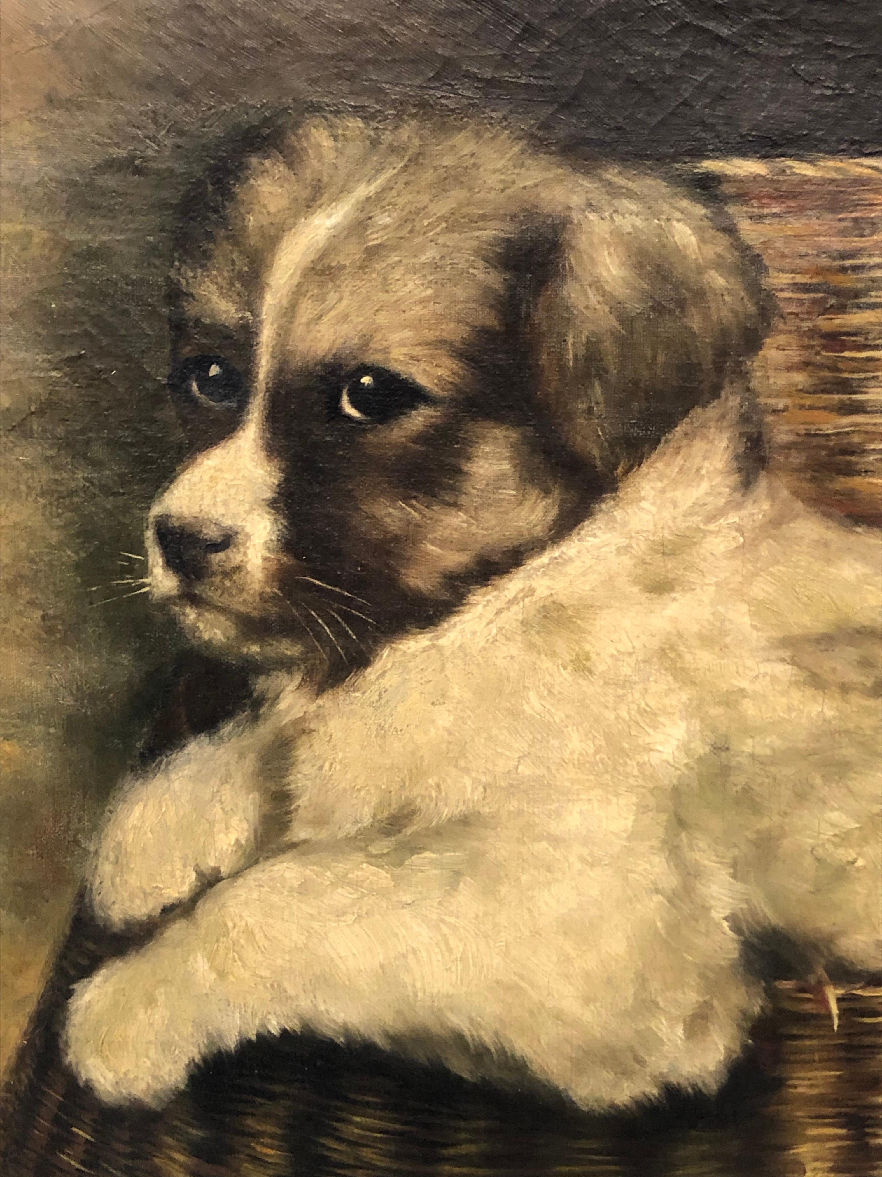 Adorable Original Antique Painting of Puppy in a Basket For Sale 3