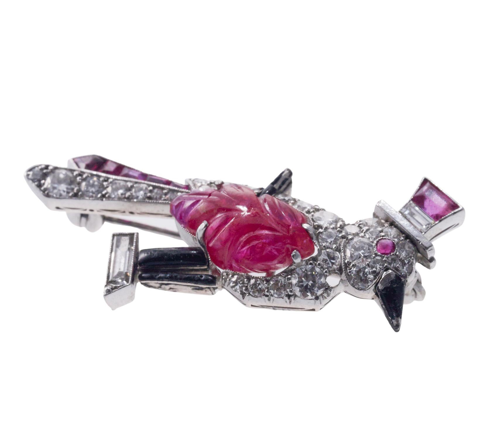 Women's Adorable Oscar Heyman Carved Ruby Diamond Enamel Platinum Bird Brooch For Sale