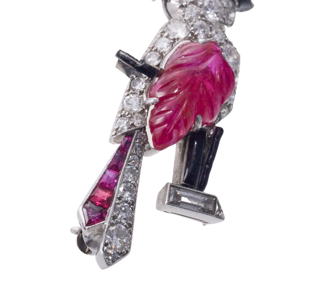 Adorable Oscar Heyman Carved Ruby Diamond Enamel Platinum Bird Brooch For Sale 1
