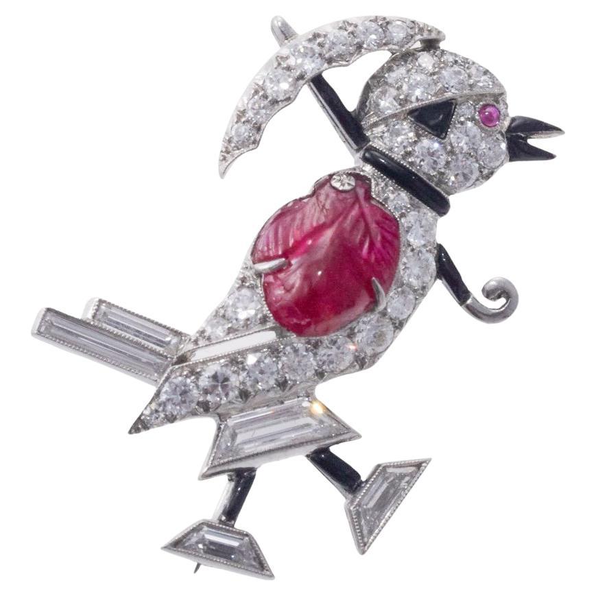 Adorable Oscar Heyman Carved Ruby Diamond Platinum Bird Brooch For Sale