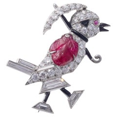 Adorable Oscar Heyman Carved Ruby Diamond Platinum Bird Brooch