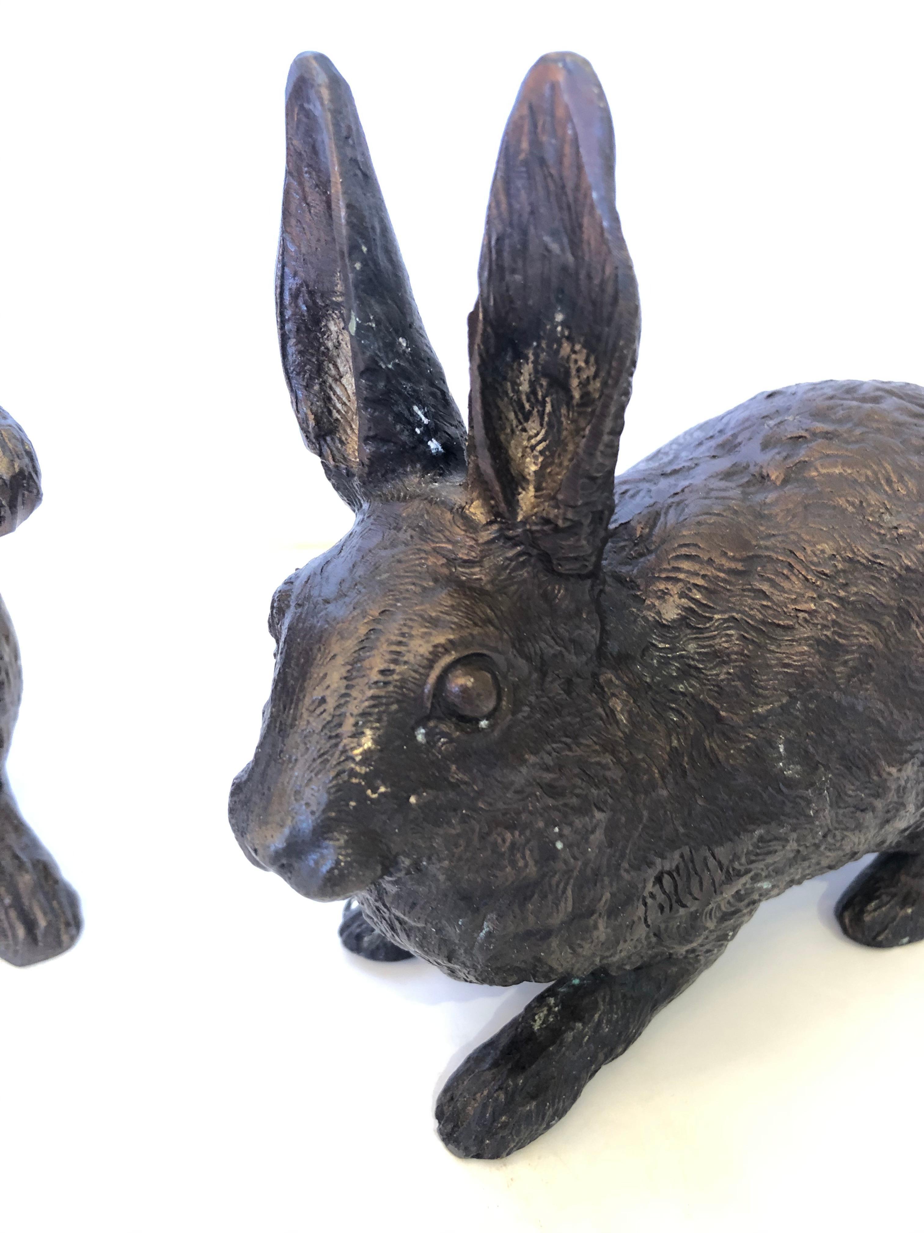 Adorable Pair of French Vintage Cast Bronze Bunny Rabbit Sculptures at