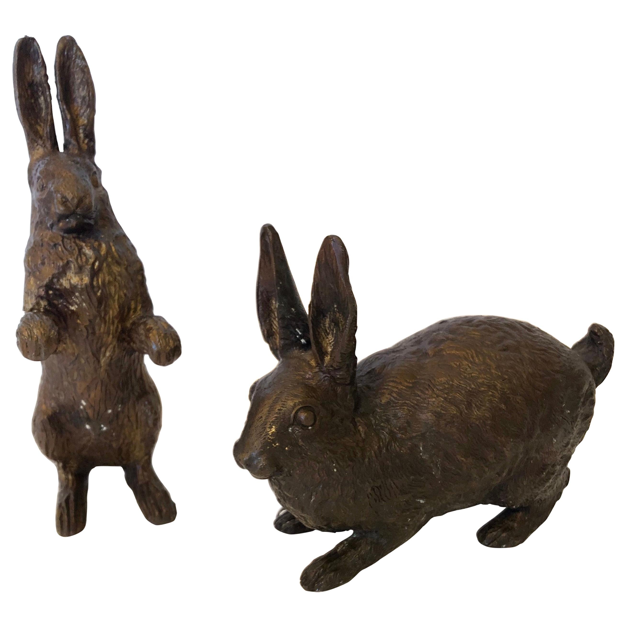 Adorable Pair of French Vintage Cast Bronze Bunny Rabbit Sculptures at