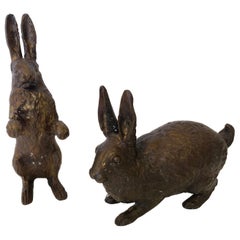 Adorable Pair of French Vintage Cast Bronze Bunny Rabbit Sculptures