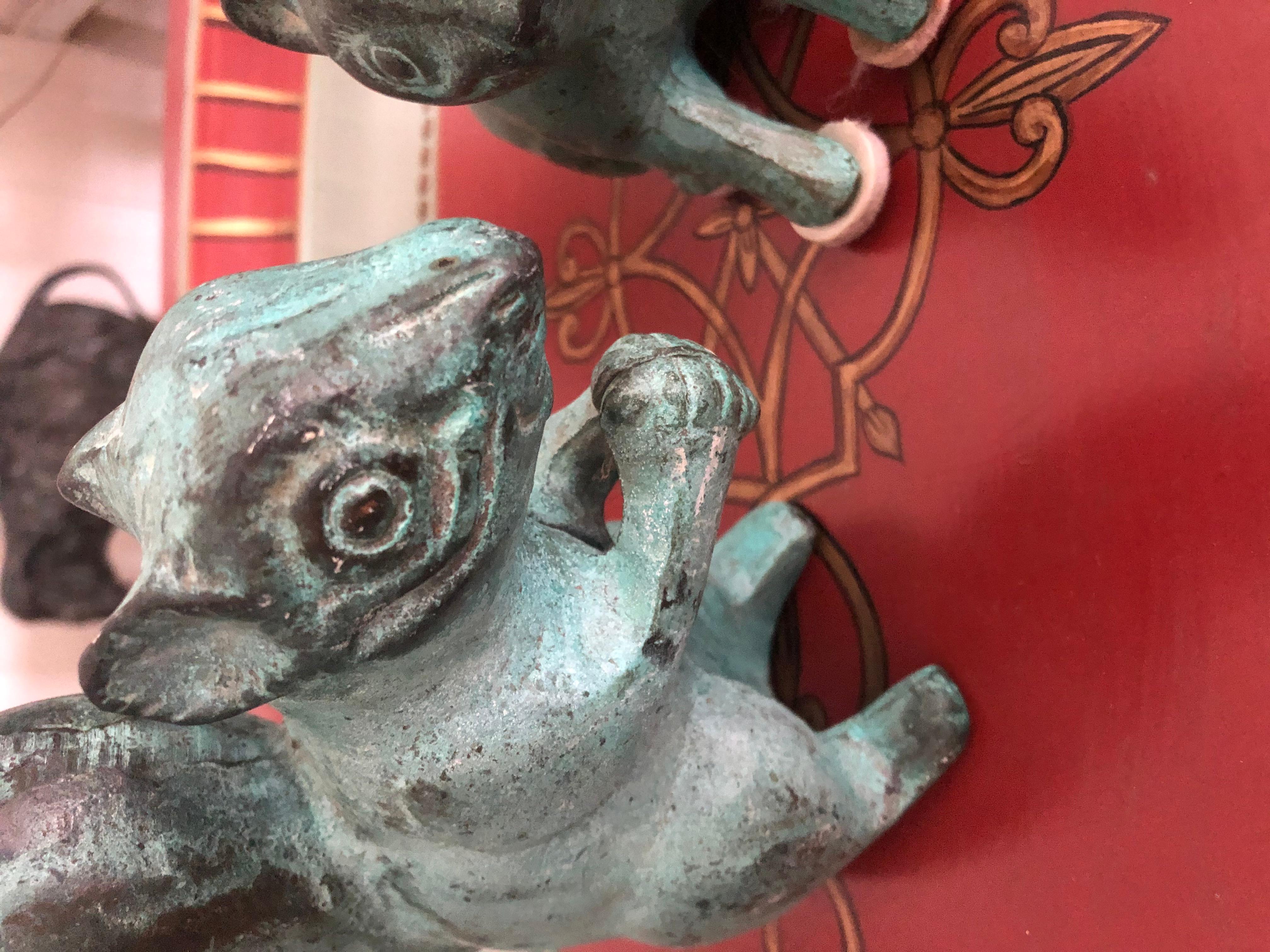 Adorable Pair of Squirrel Sculptures with Beautiful Verdigris Patina In Good Condition In Hopewell, NJ