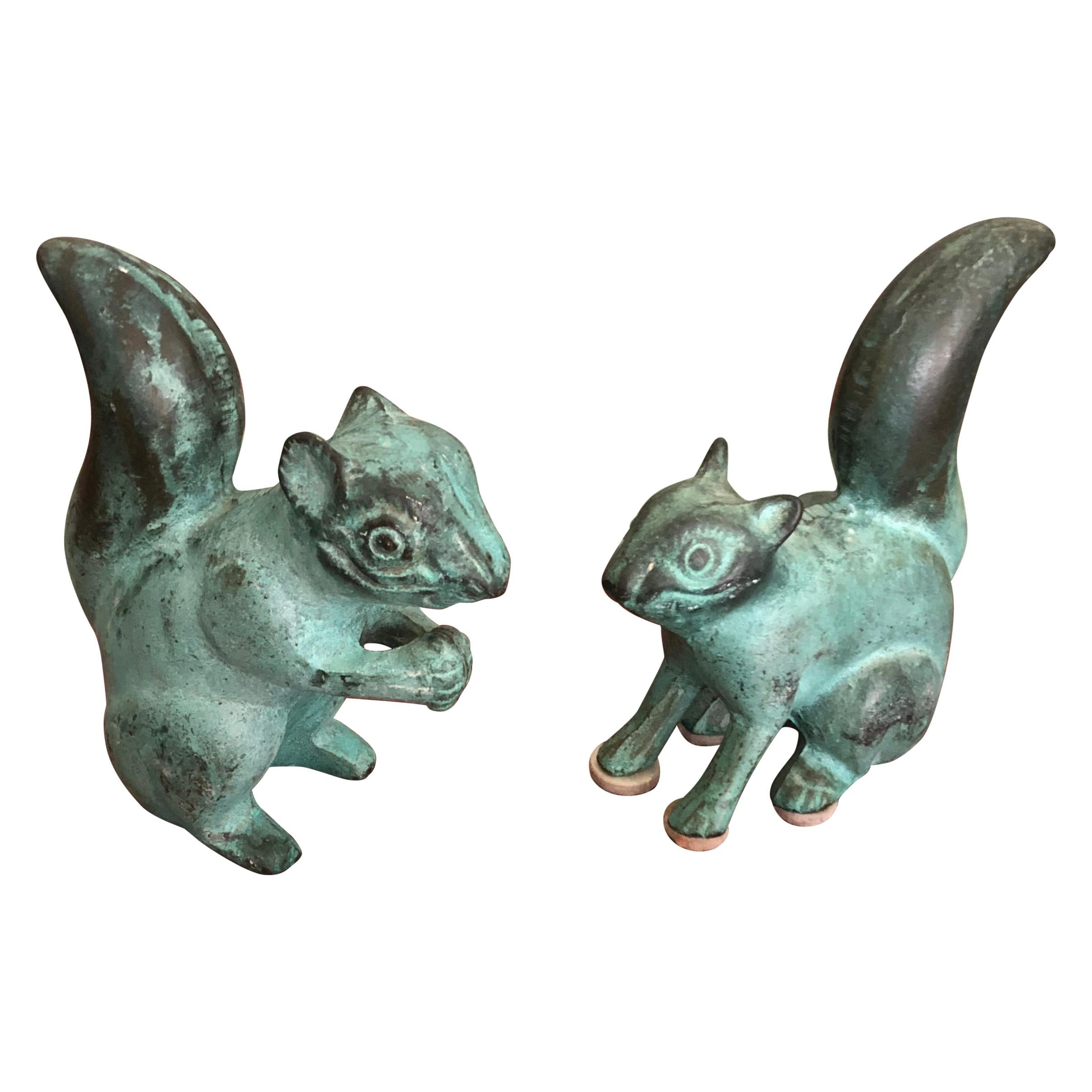 Adorable Pair of Squirrel Sculptures with Beautiful Verdigris Patina
