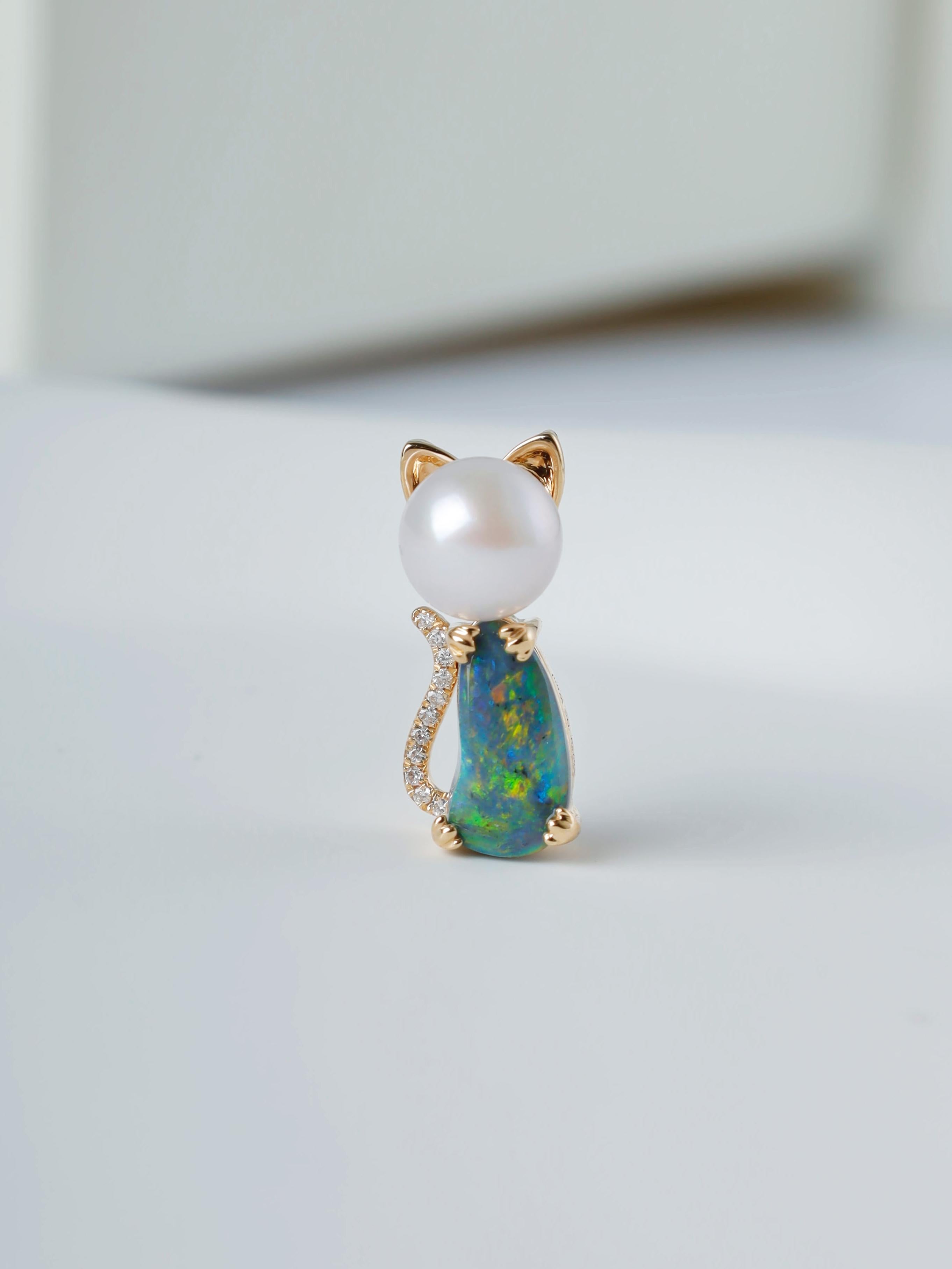 Adorable Paws Kitty Katze Schwarz Opal Diamant & Akoya Perle Halskette 18K Gold im Zustand „Neu“ im Angebot in Suwanee, GA