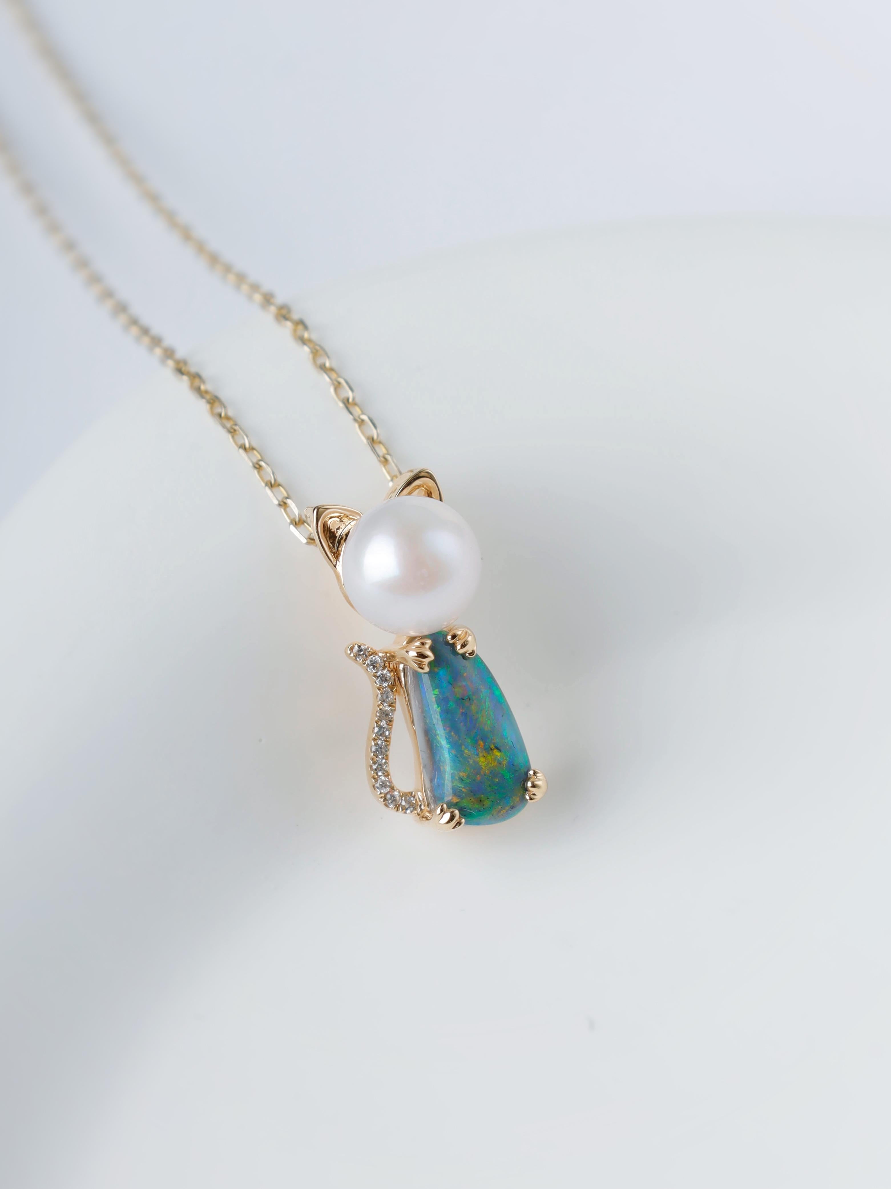 Women's or Men's Adorable Paws Kitty Cat Black Opal Diamond & Akoya Pearl Necklace 18K Gold