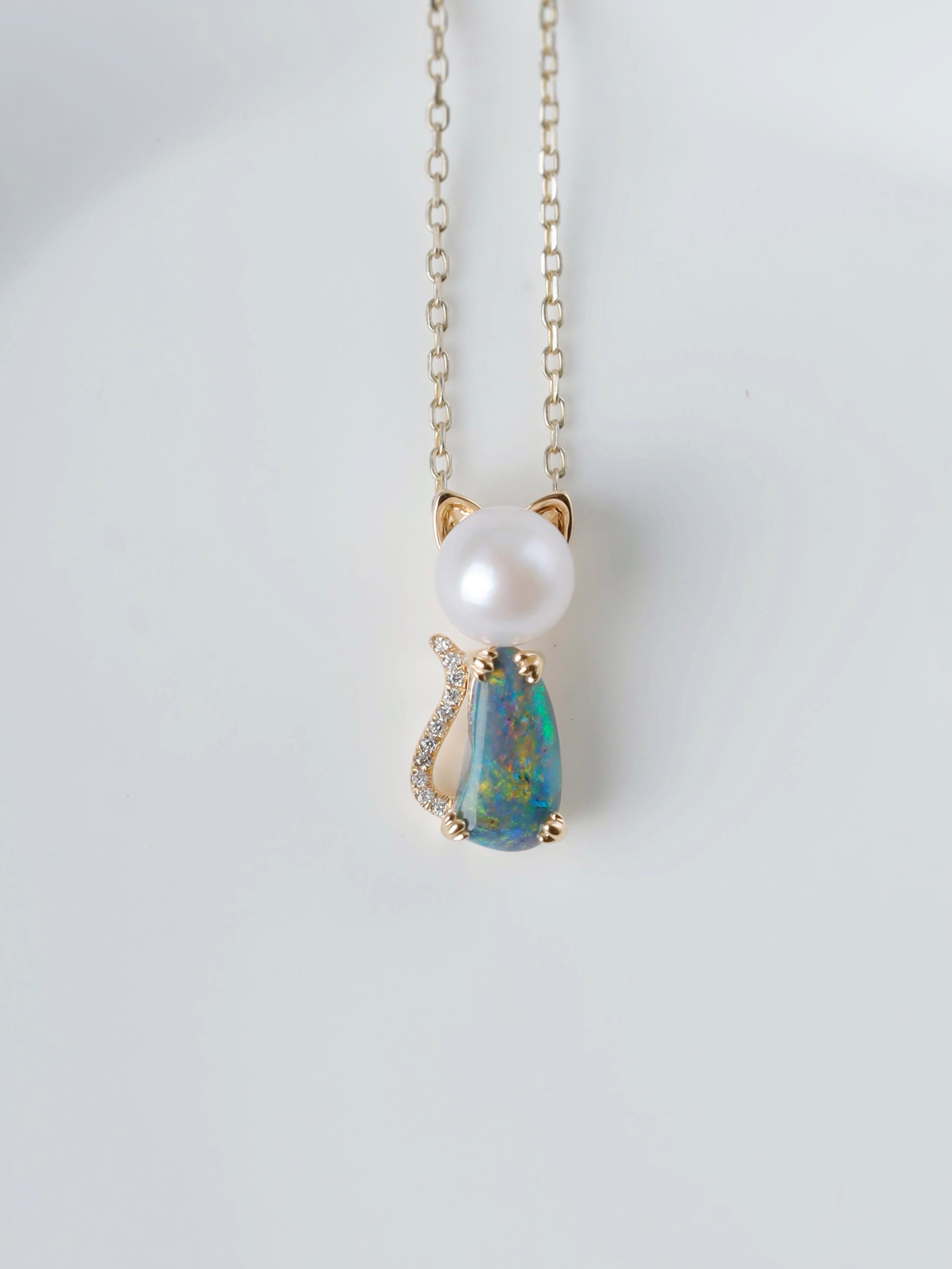 Adorable Paws Kitty Katze Schwarz Opal Diamant & Akoya Perle Halskette 18K Gold im Angebot 1