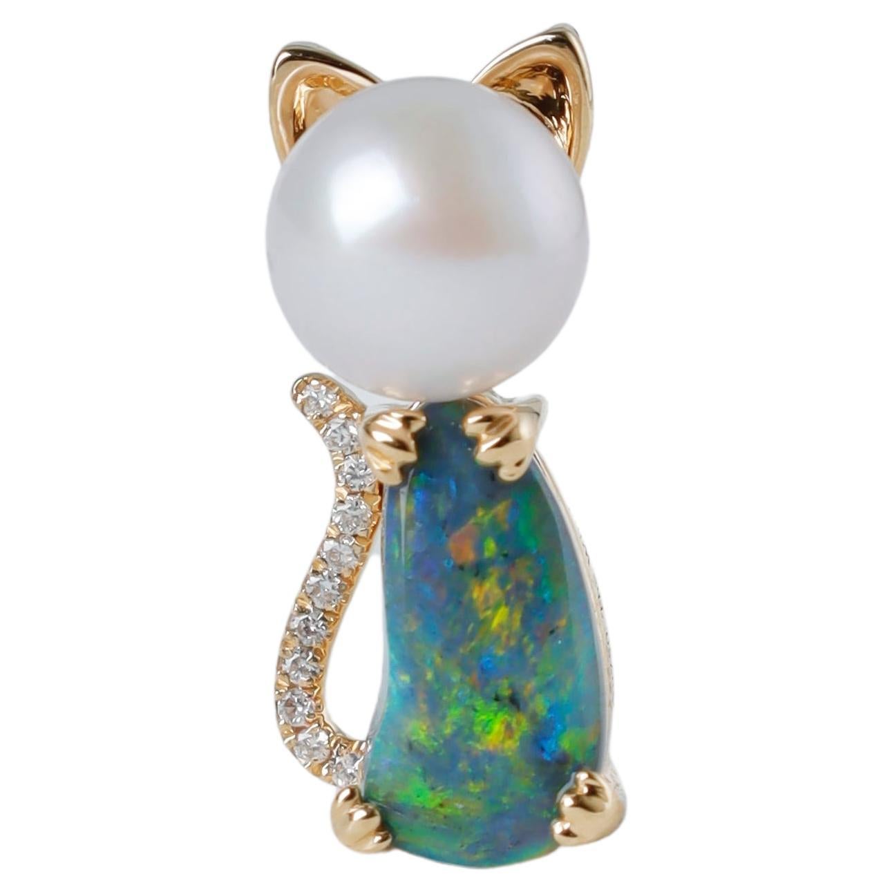 Adorable Paws Kitty Katze Schwarz Opal Diamant & Akoya Perle Halskette 18K Gold im Angebot
