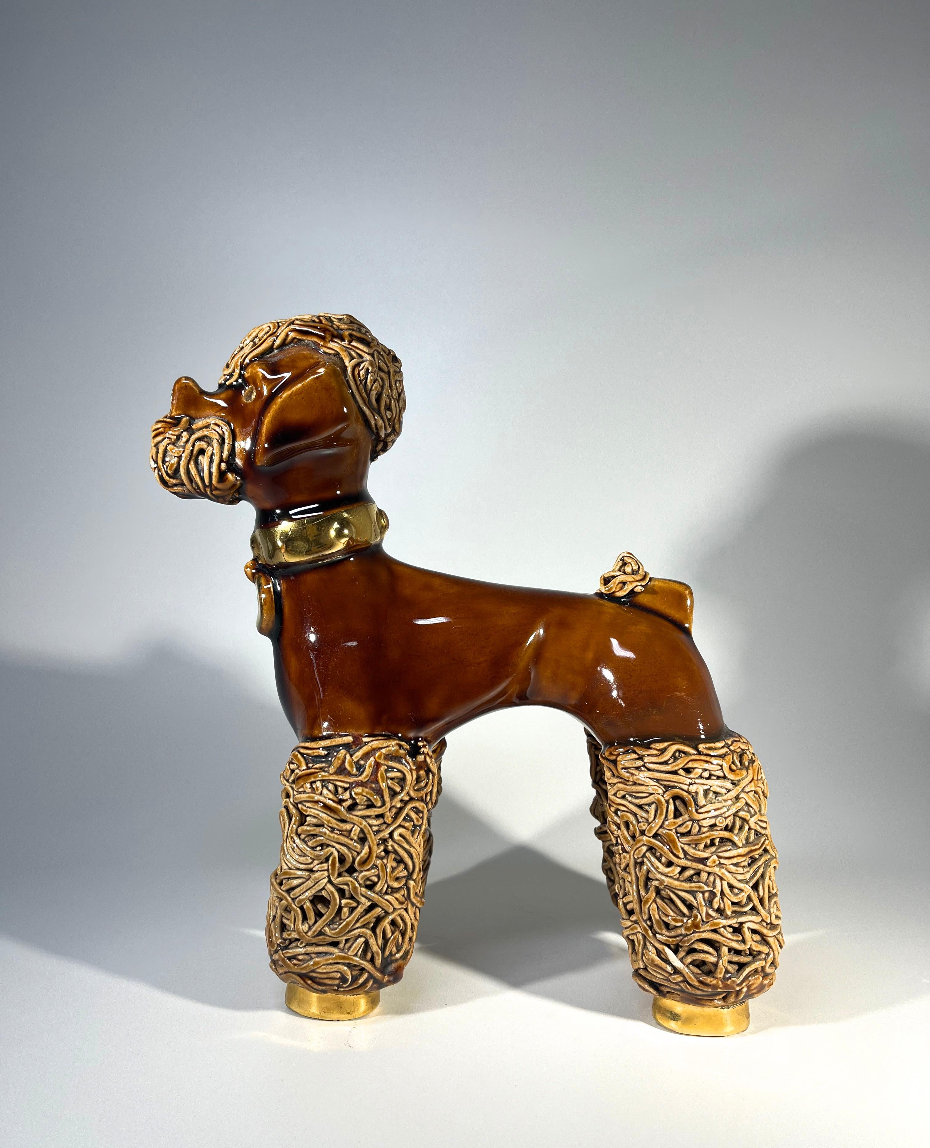 Mid-Century Modern Adorable, Pedigree French Poodle, Toffee Glaze Ceramic Figurine, Vallauris 1950s For Sale