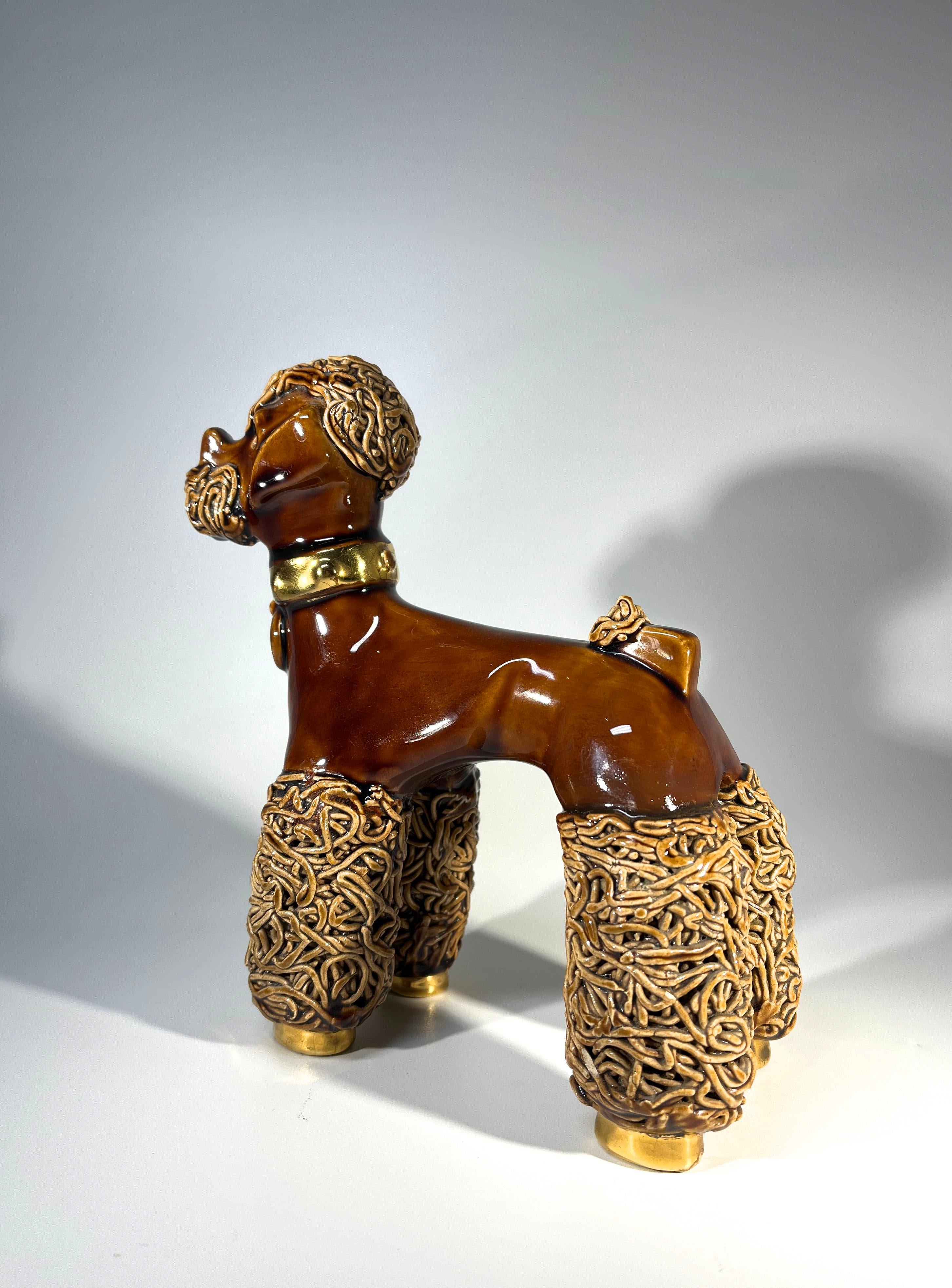 Mid-Century Modern Adorable, Pedigree French Poodle, Toffee Glaze Ceramic Figurine, Vallauris 1950s For Sale