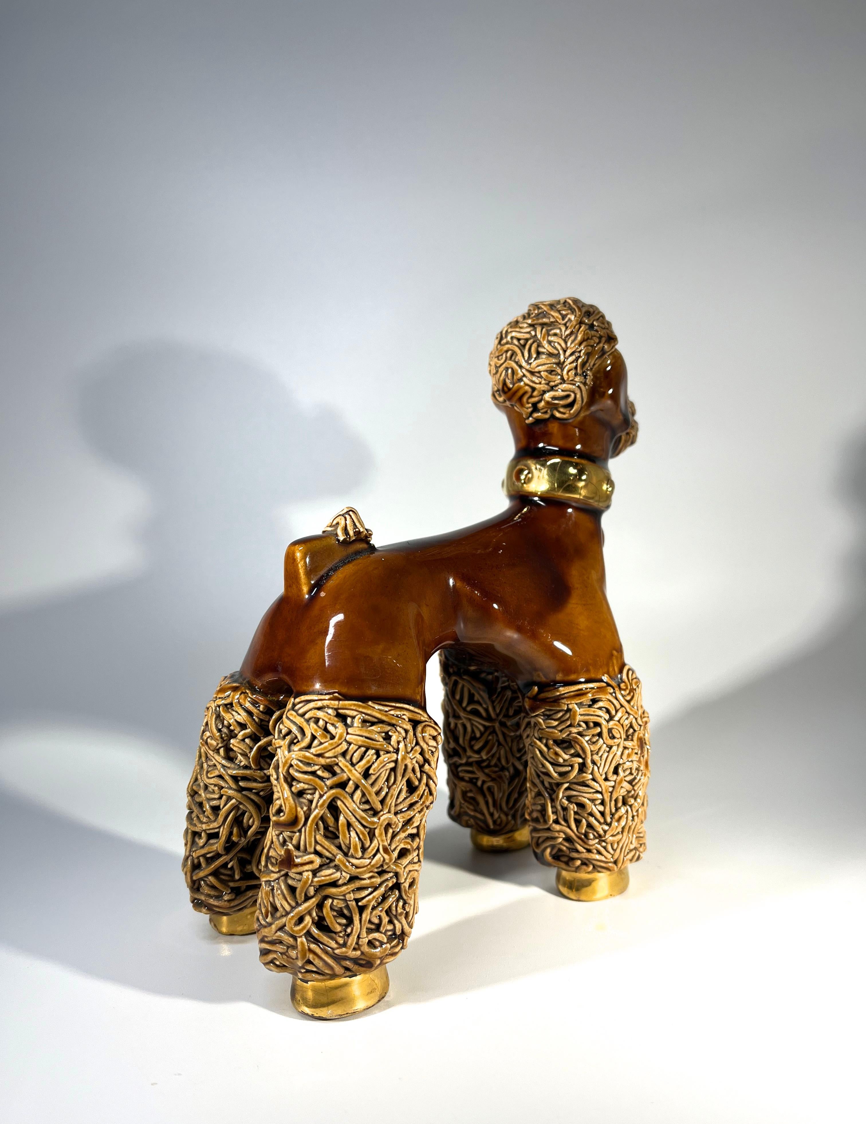20th Century Adorable, Pedigree French Poodle, Toffee Glaze Ceramic Figurine, Vallauris 1950s For Sale