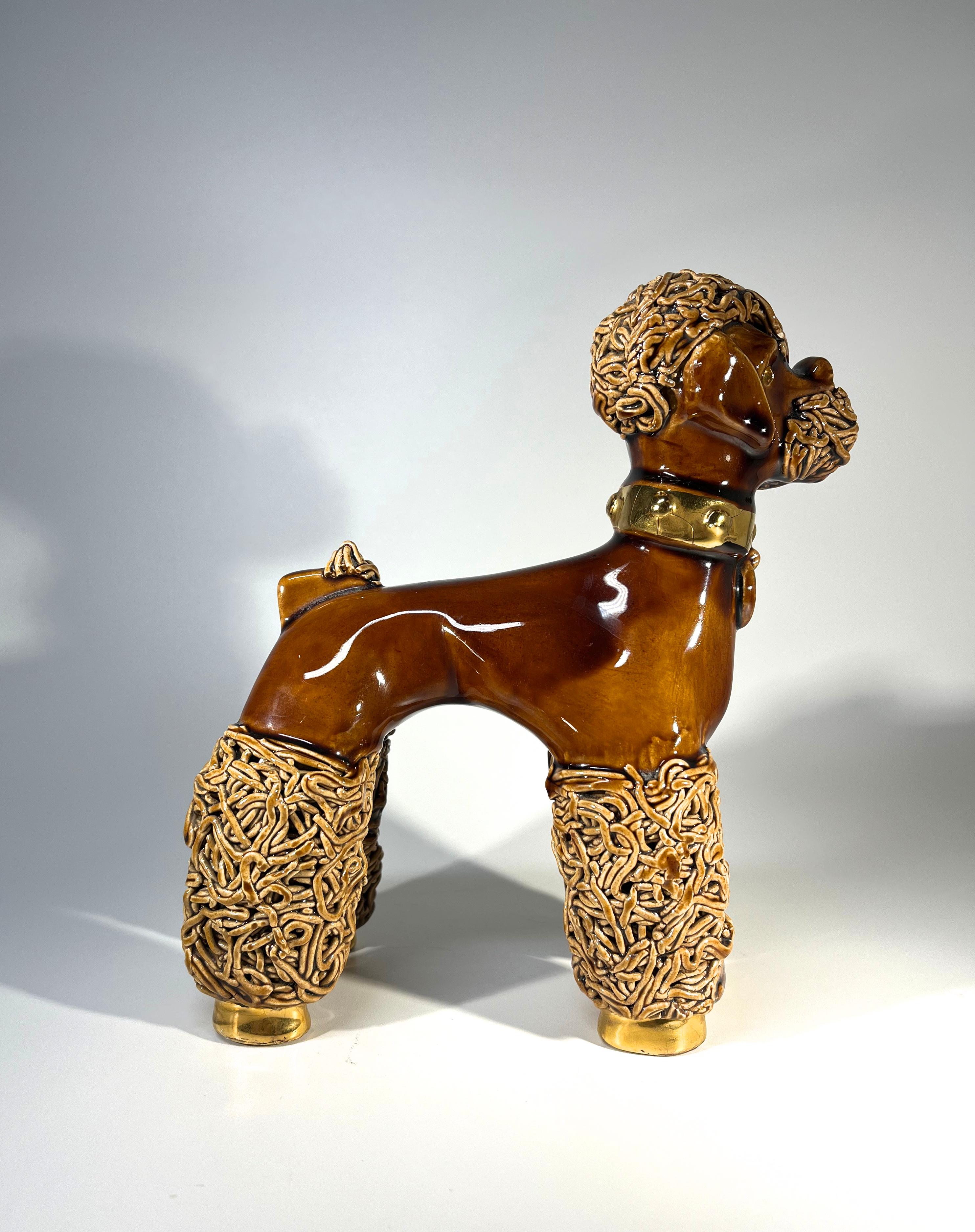 Adorable, Pedigree French Poodle, Toffee Glaze Ceramic Figurine, Vallauris 1950s For Sale 1
