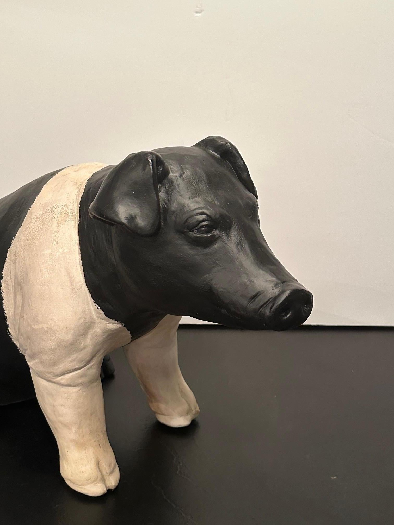 Adorable Plaster Black & White Pig Sculpture from Butcher Shop For Sale 6