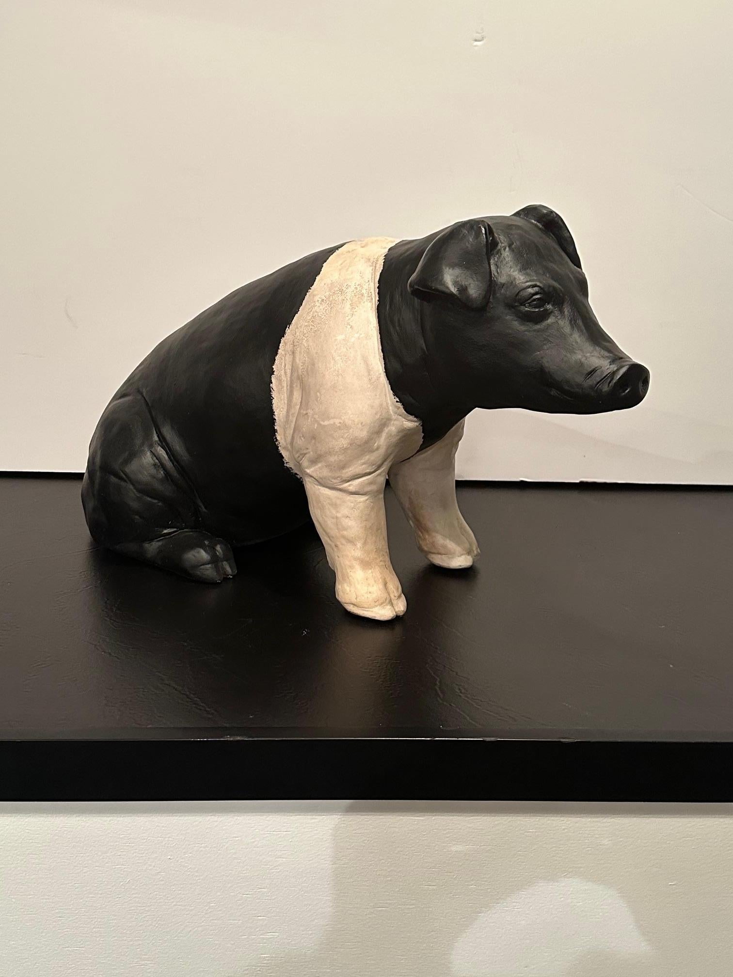 Adorable Plaster Black & White Pig Sculpture from Butcher Shop For Sale 7