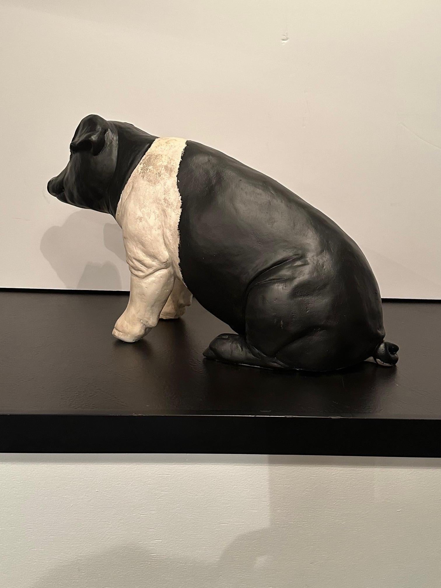 Adorable Plaster Black & White Pig Sculpture from Butcher Shop In Good Condition For Sale In Hopewell, NJ