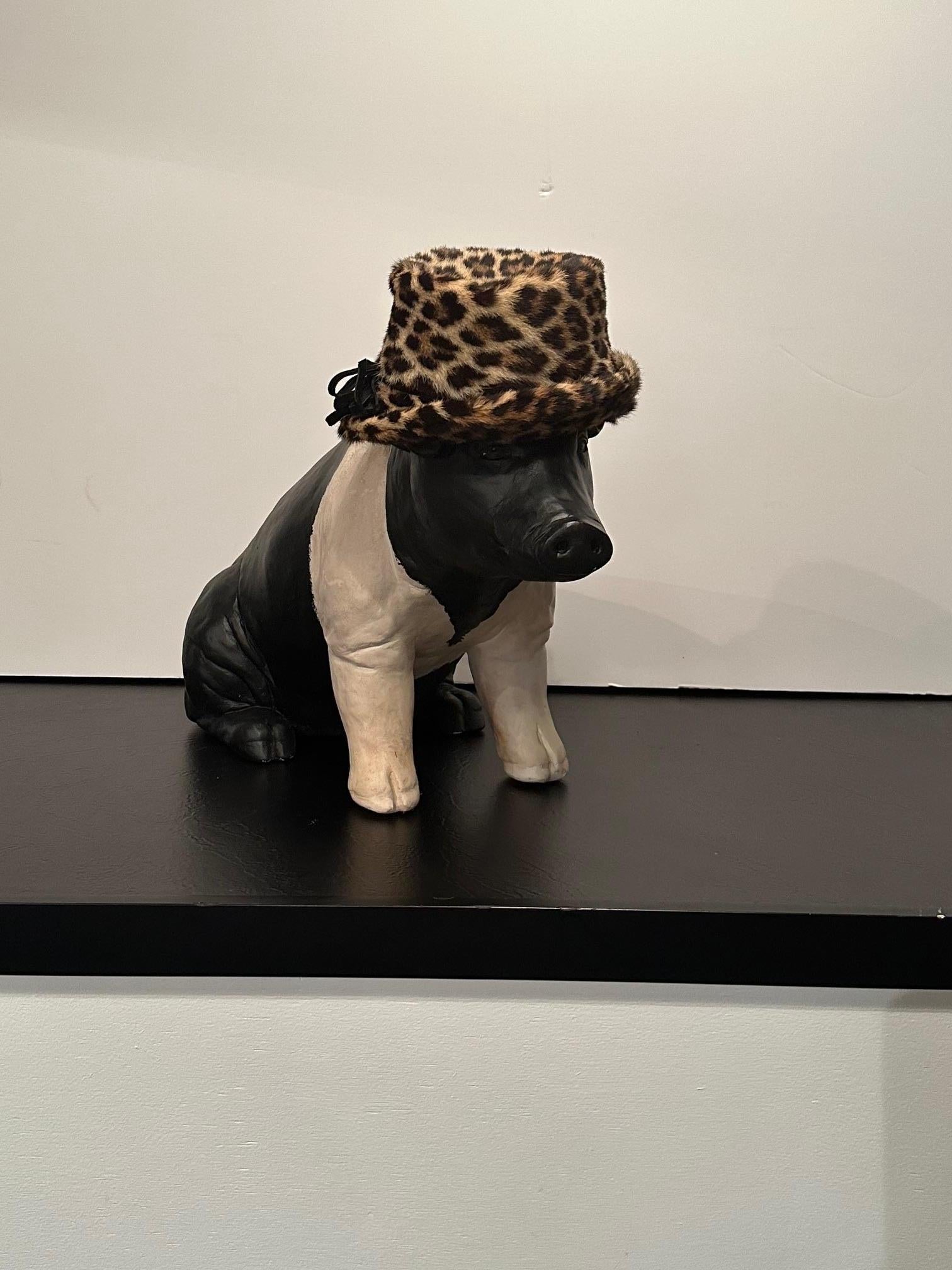 Adorable Plaster Black & White Pig Sculpture from Butcher Shop For Sale 4