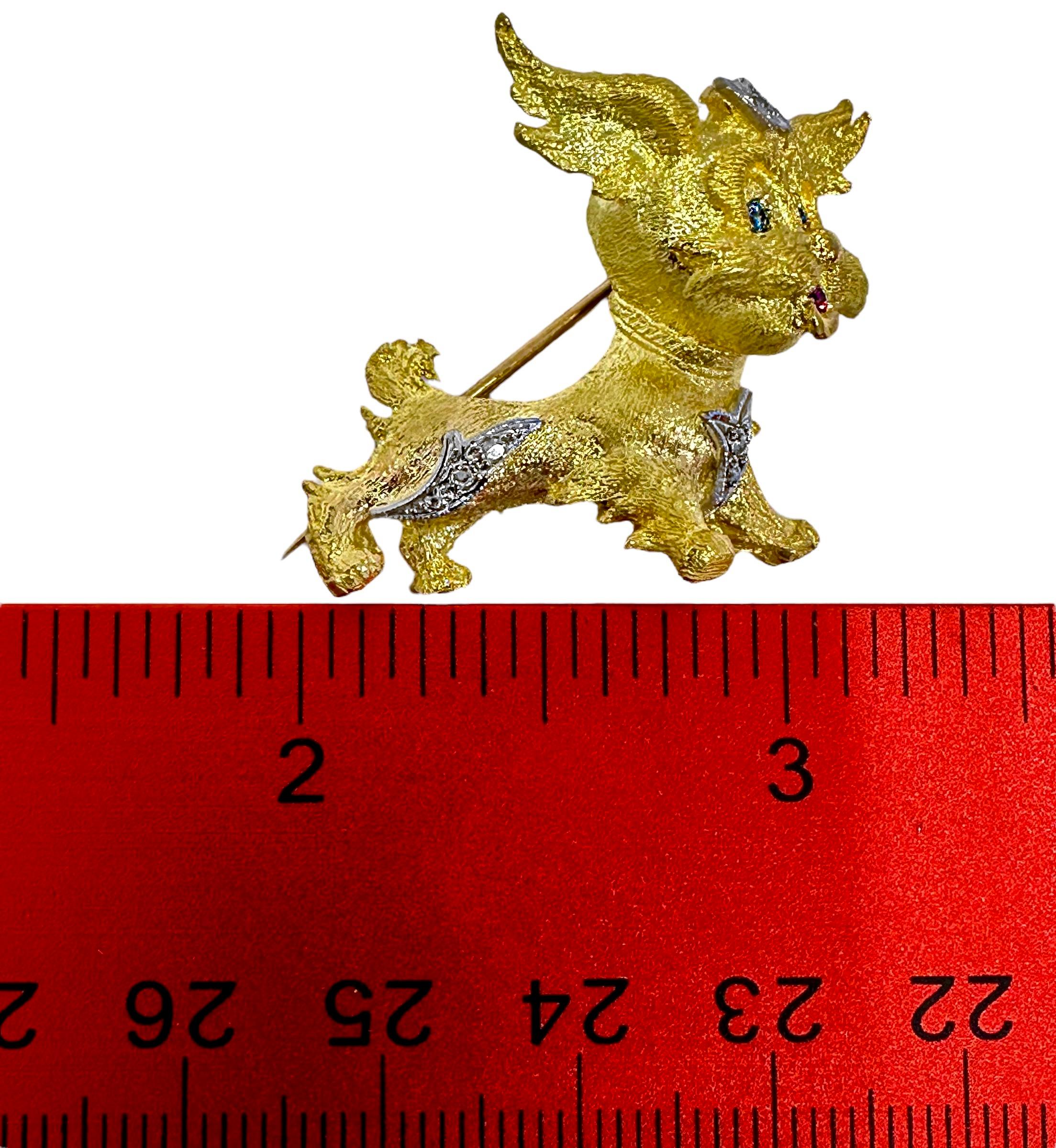 Adorable Puppy Brooch in 18K Yellow Gold with Sapphire Eyes & Ruby Tongue 5
