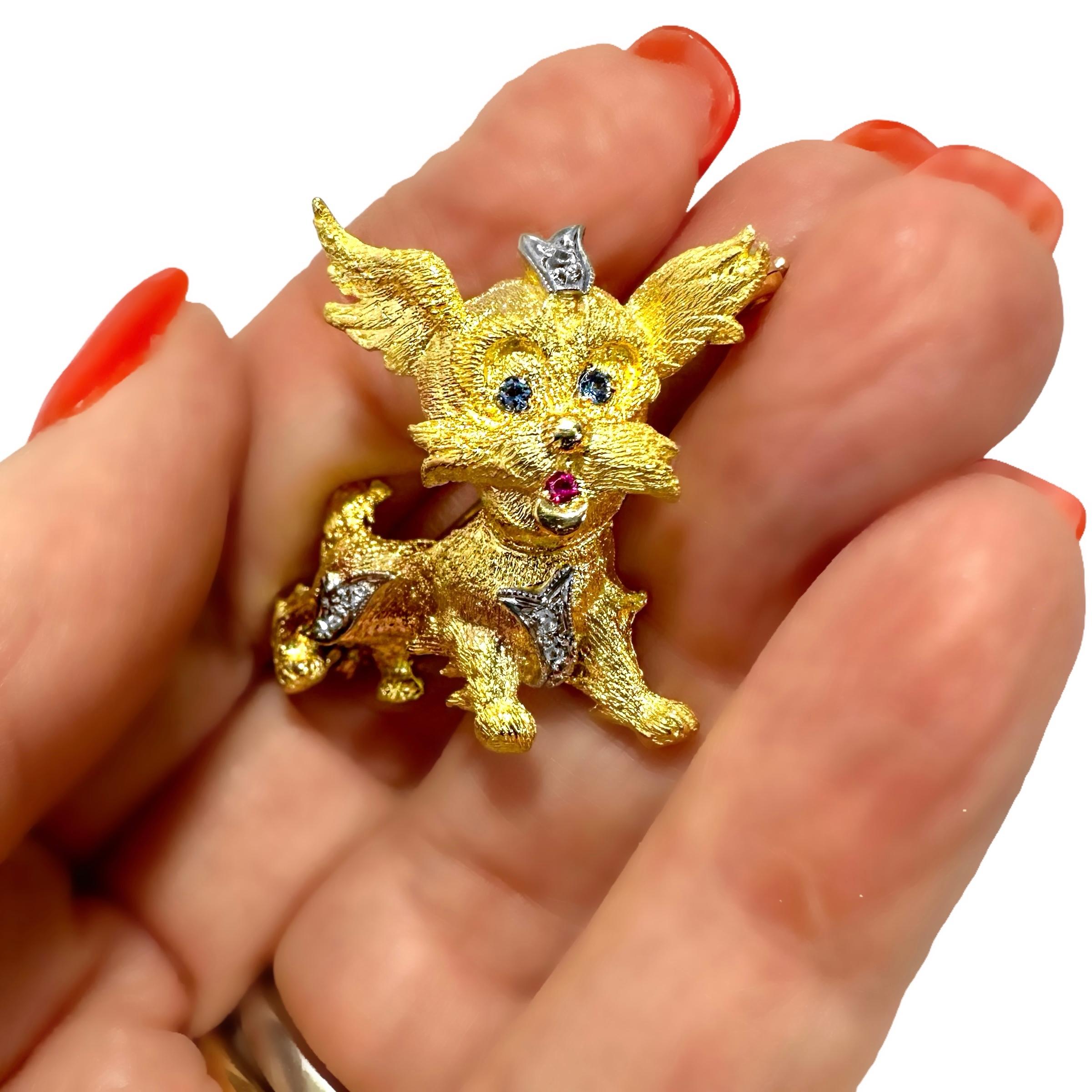 Adorable Puppy Brooch in 18K Yellow Gold with Sapphire Eyes & Ruby Tongue 6